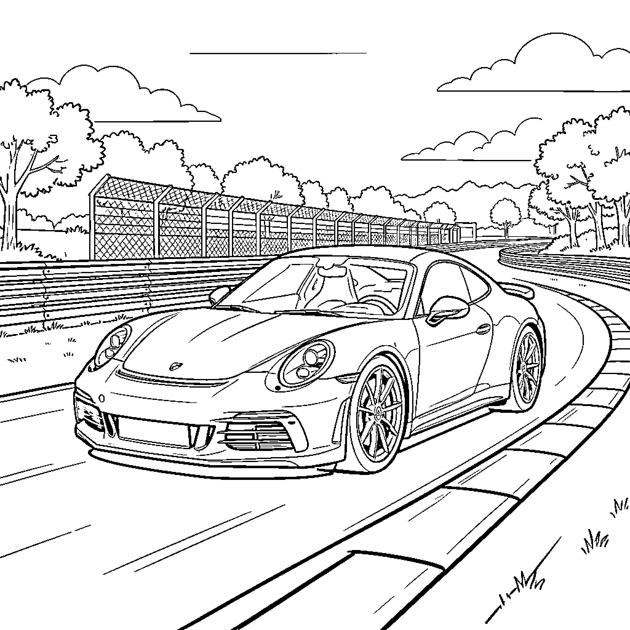 Porsche driving fast along a curved race track Coloring Page (free black-and-white line drawing printable PDF for all, from beginners to advanced learners, including children, teens, adults, and seniors)