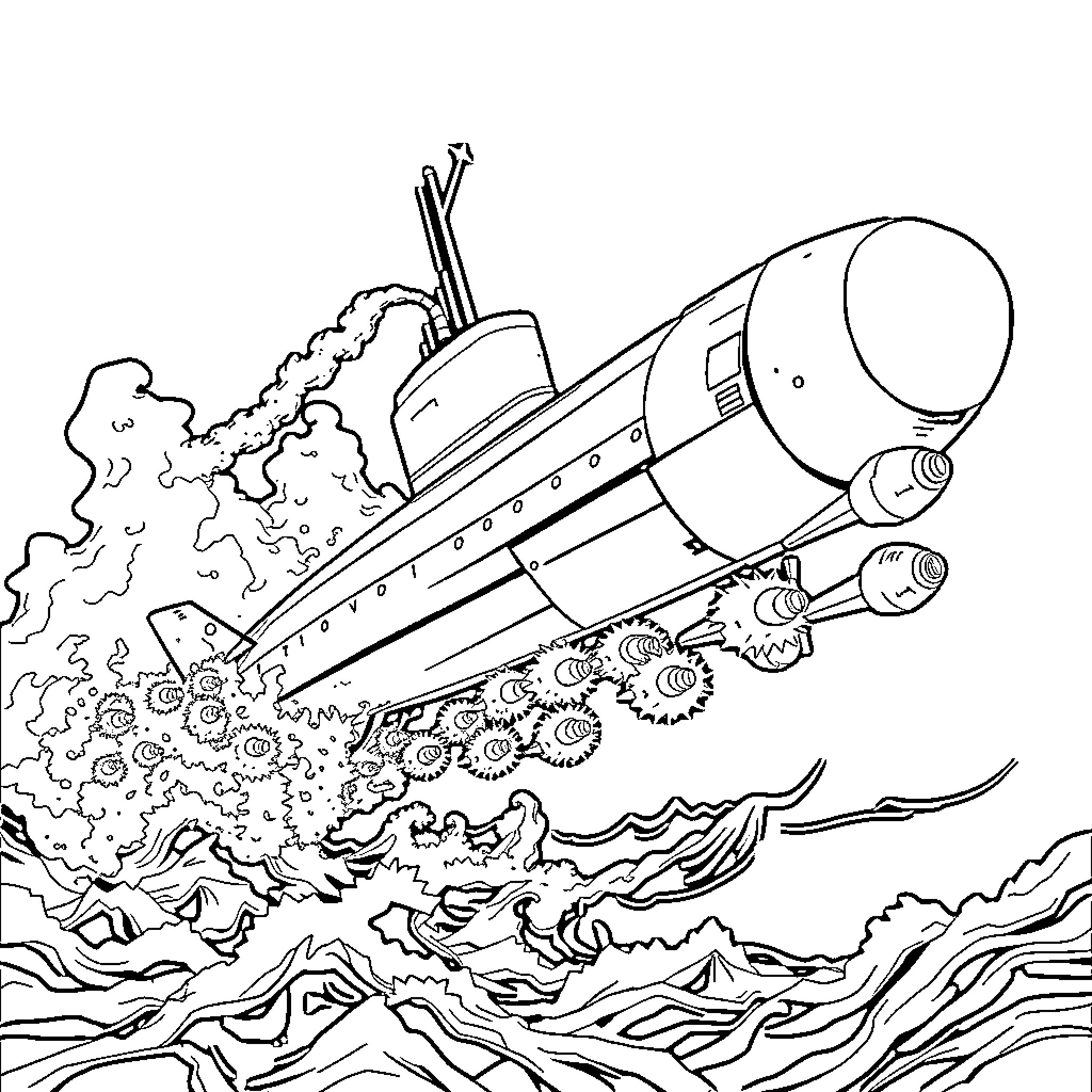 Shadow of rocket ship soaring through turbulent skies Coloring Page (free black-and-white line drawing printable PDF for all, from beginners to advanced learners, including children, teens, adults, and seniors)