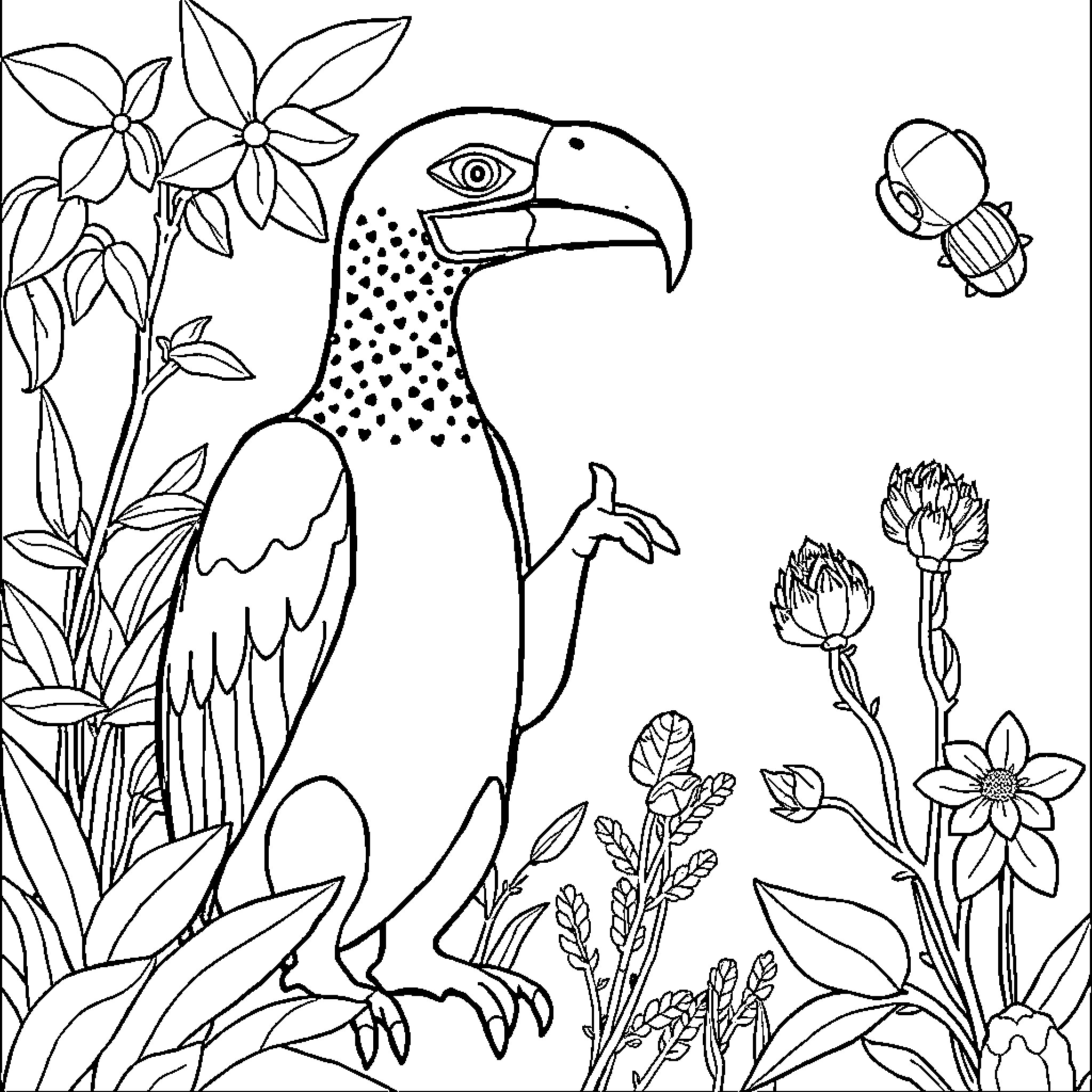 Life Science: Toucan Amidst Tropical Flowers and Insects Coloring Page (free black-and-white line drawing printable PDF for all, from beginners to advanced learners, including children, teens, adults, and seniors)