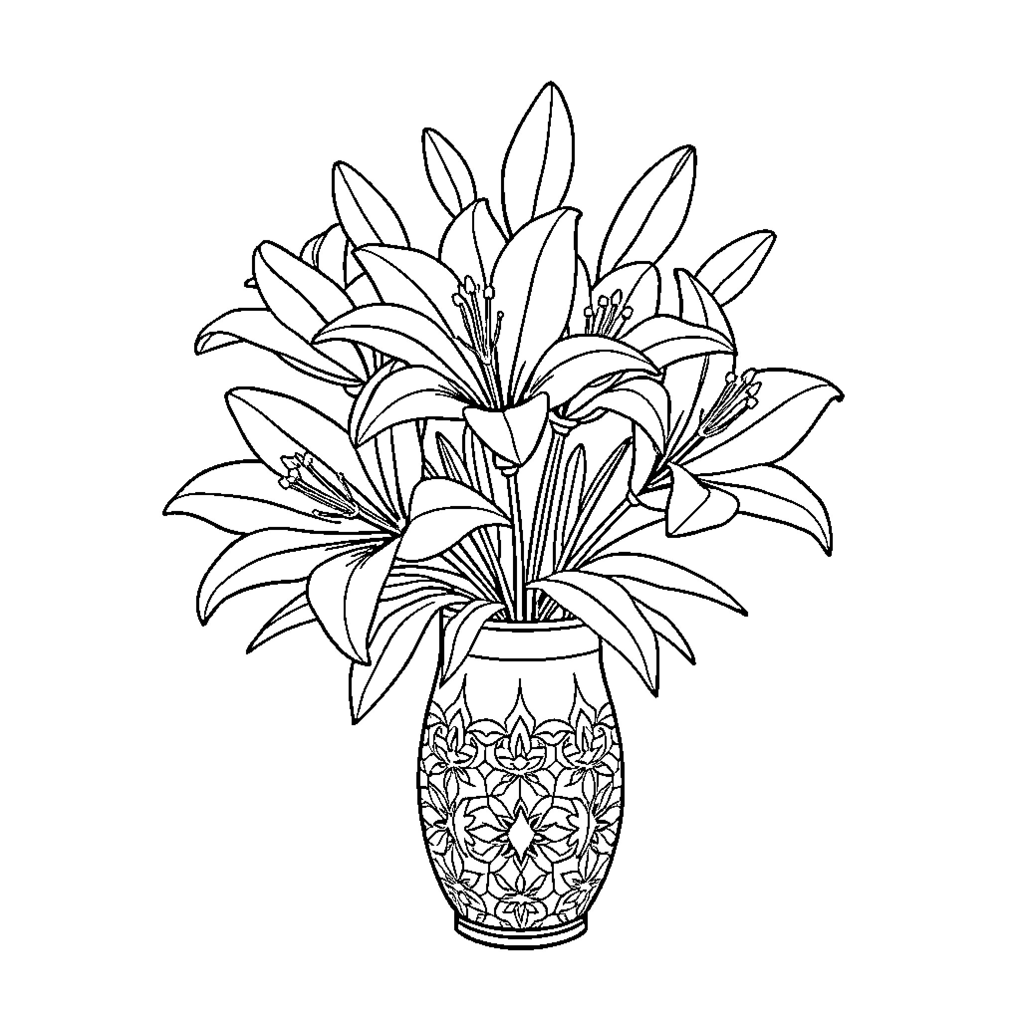Lily flowers blooming in an ornate vase Coloring Page (free black-and-white line drawing printable PDF for all, from beginners to advanced learners, including children, teens, adults, and seniors)