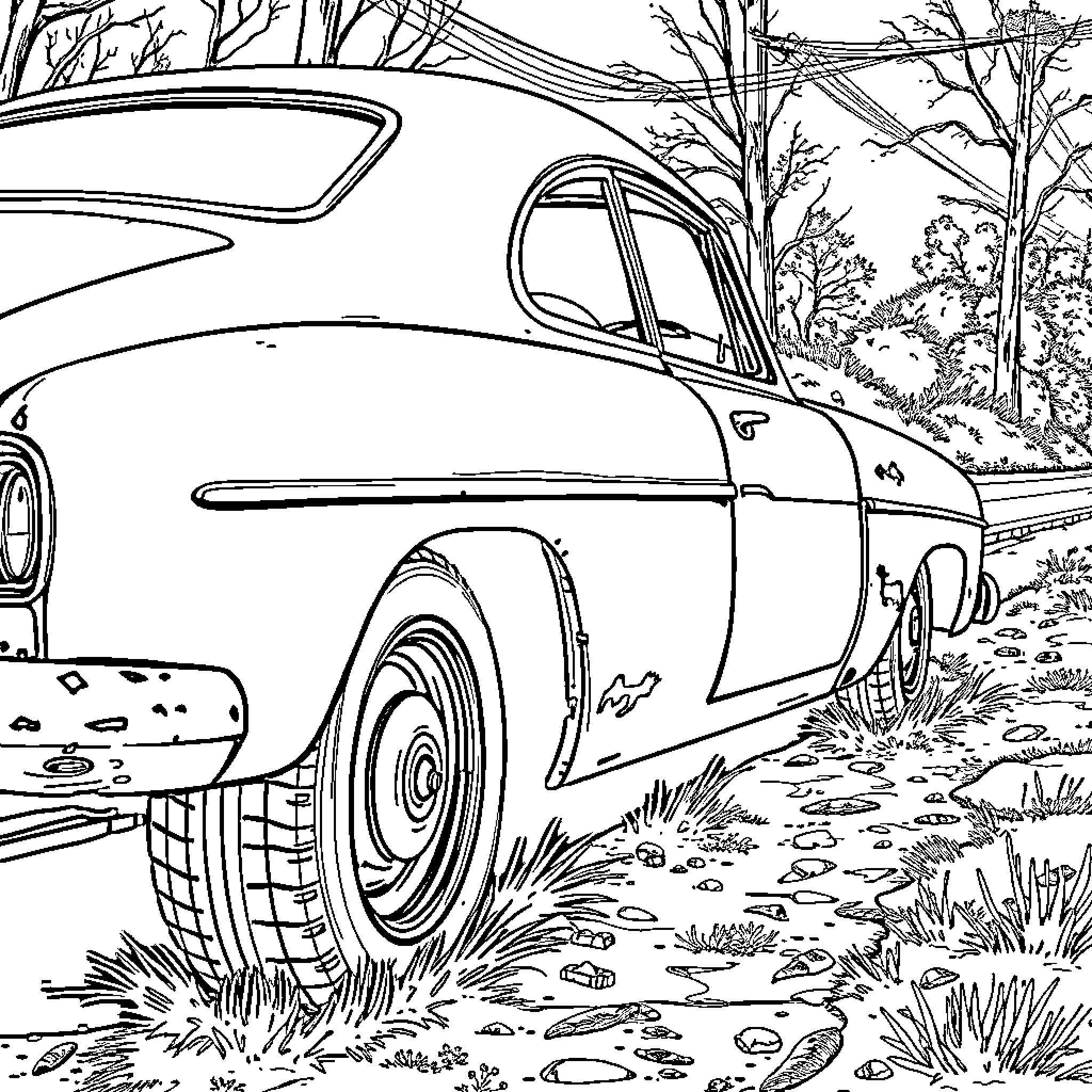 Car parked in scenic outdoor setting Coloring Page (free black-and-white line drawing printable PDF for all, from beginners to advanced learners, including children, teens, adults, and seniors)