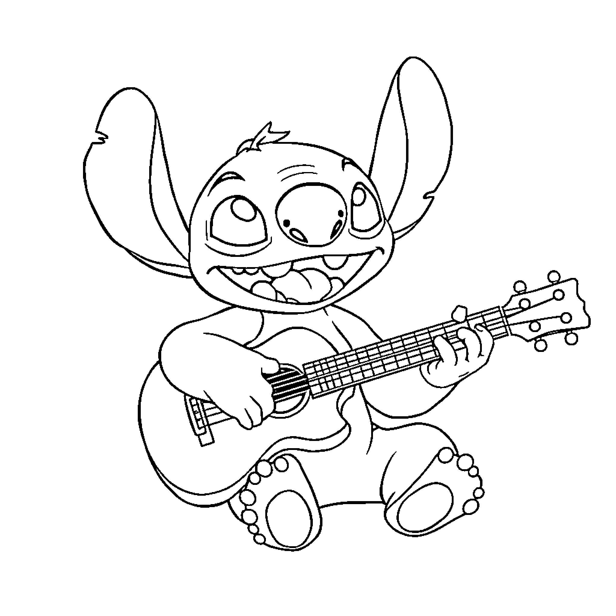 Stitch playing guitar with excitement Coloring Page (free black-and-white line drawing printable PDF for all, from beginners to advanced learners, including children, teens, adults, and seniors)