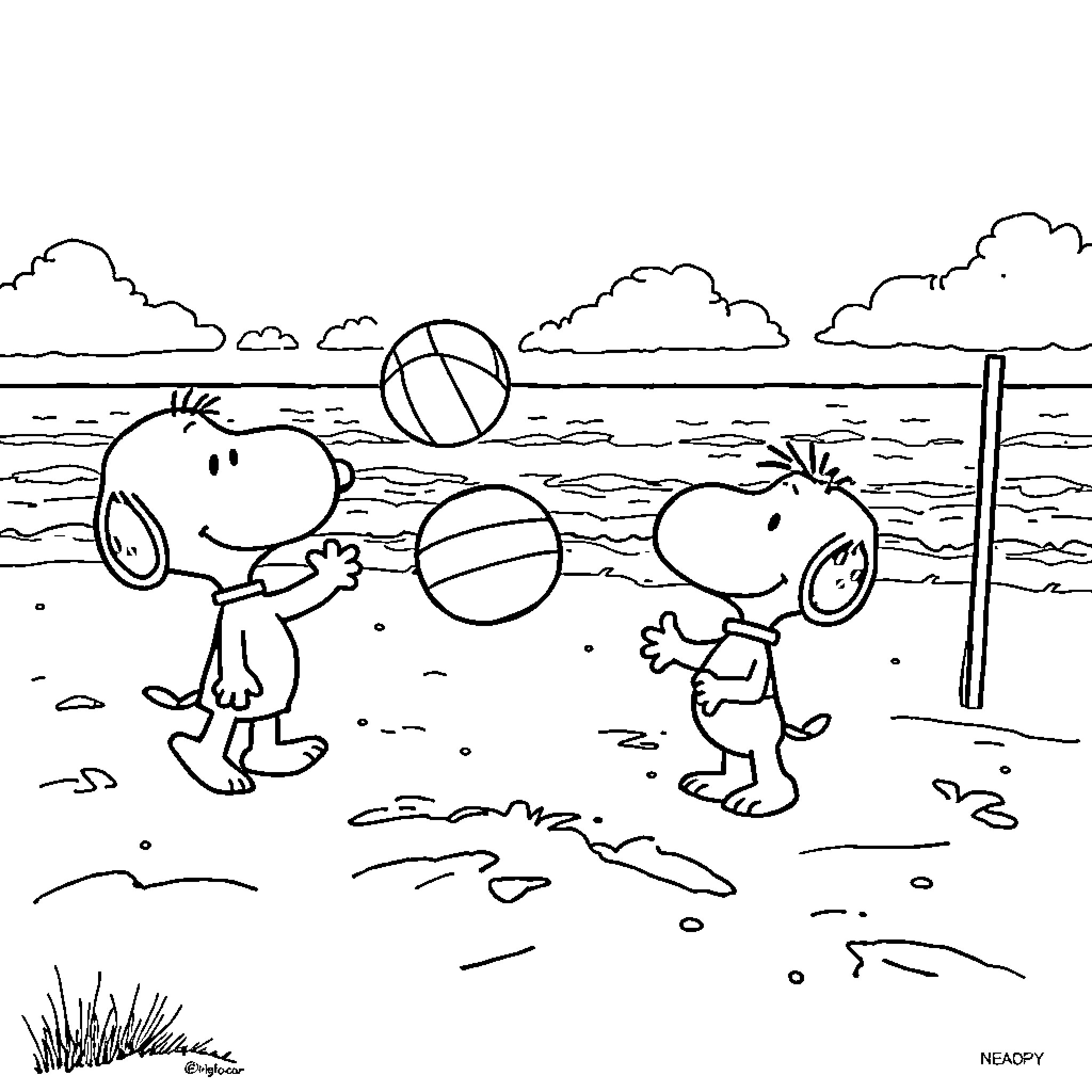 Snoopy and friends playing beach volleyball Coloring Page (free black-and-white line drawing printable PDF for all, from beginners to advanced learners, including children, teens, adults, and seniors)