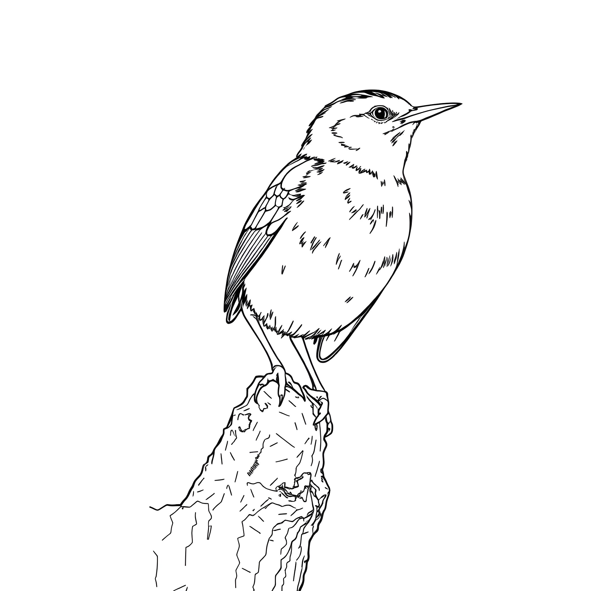 Warbler perched on a branch Coloring Page (free black-and-white line drawing printable PDF for all, from beginners to advanced learners, including children, teens, adults, and seniors)
