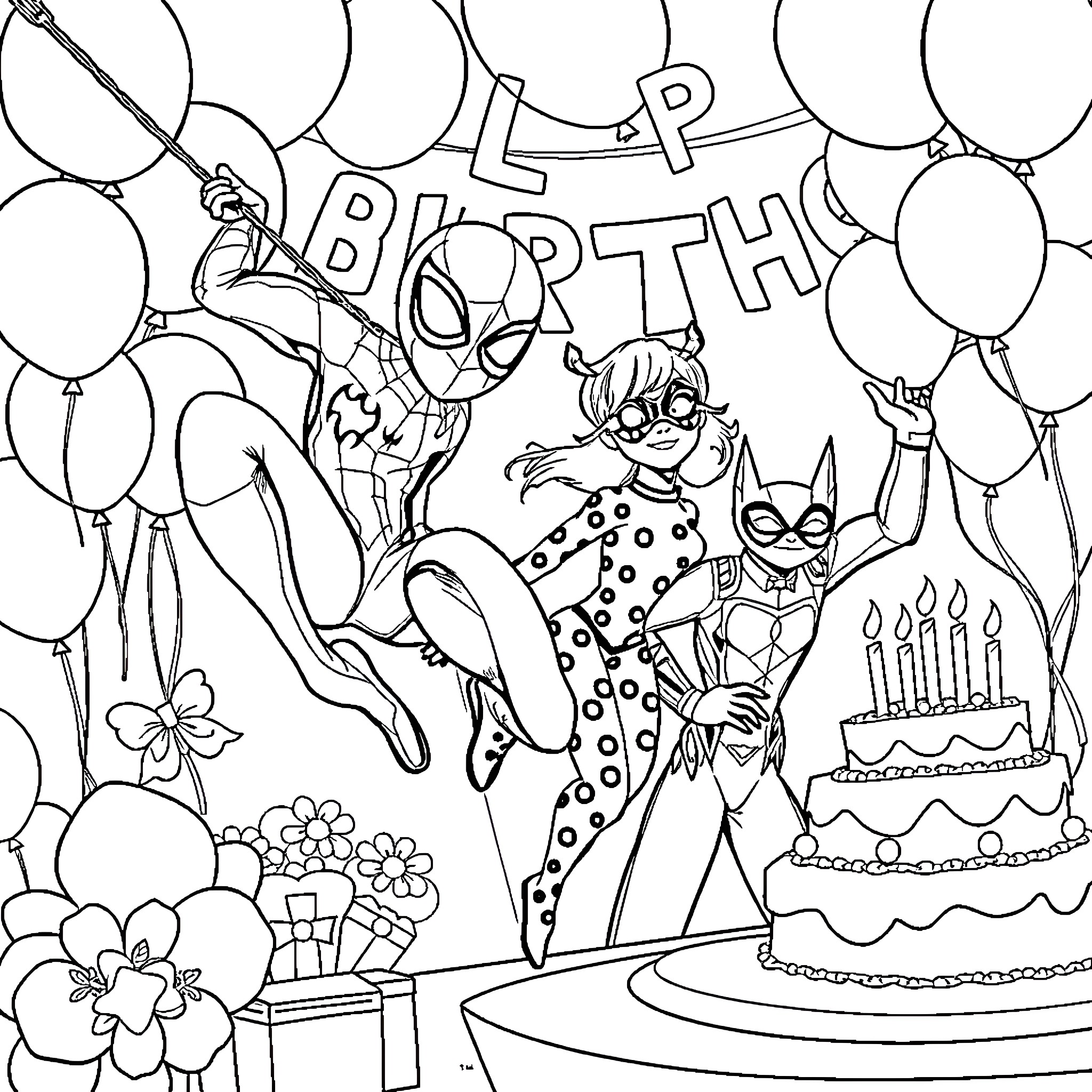 Spidey's Birthday Celebration with Friends Coloring Page (free black-and-white line drawing printable PDF for all, from beginners to advanced learners, including children, teens, adults, and seniors)
