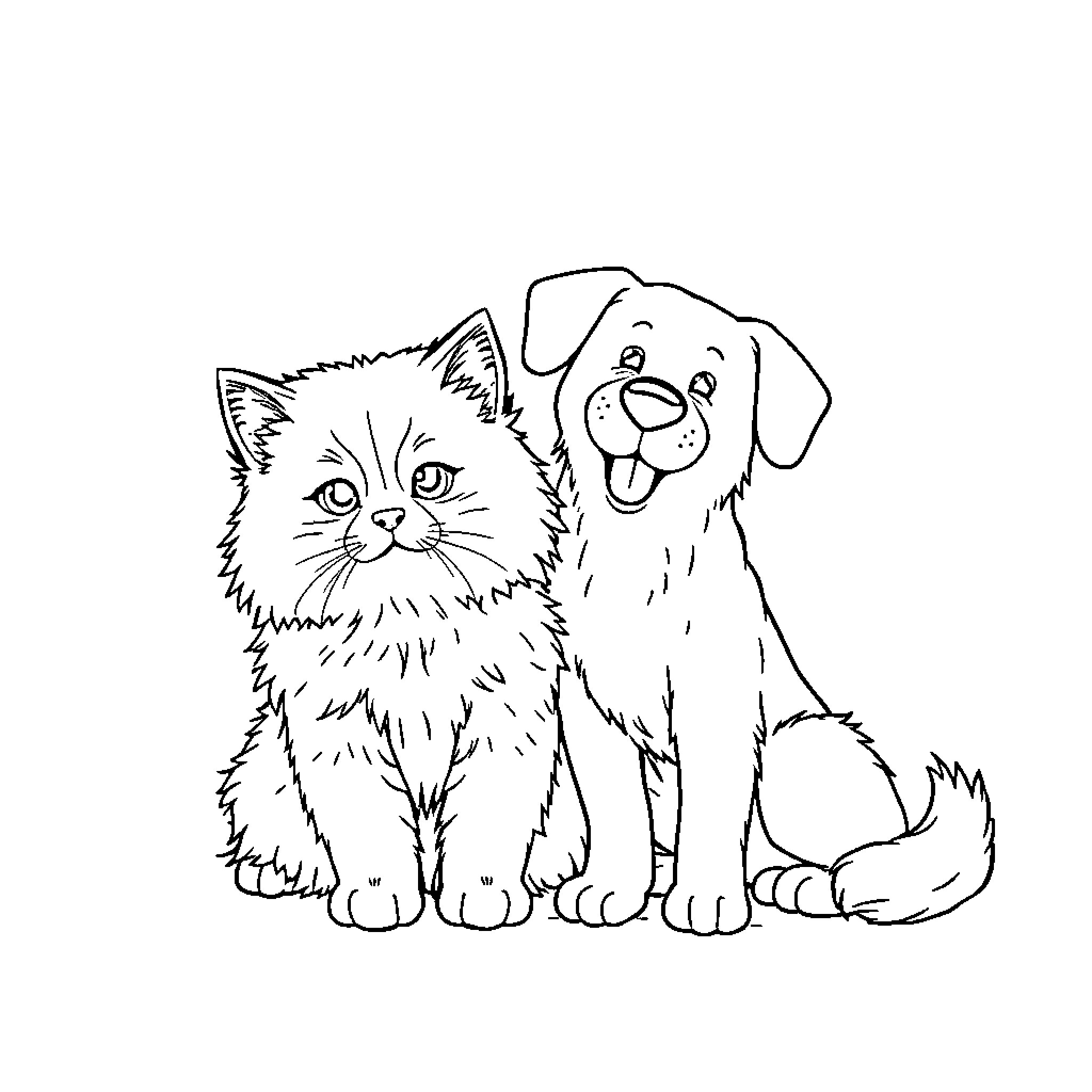 Cat and Dog Sitting Together Happily Coloring Page (free black-and-white line drawing printable PDF for all, from beginners to advanced learners, including children, teens, adults, and seniors)