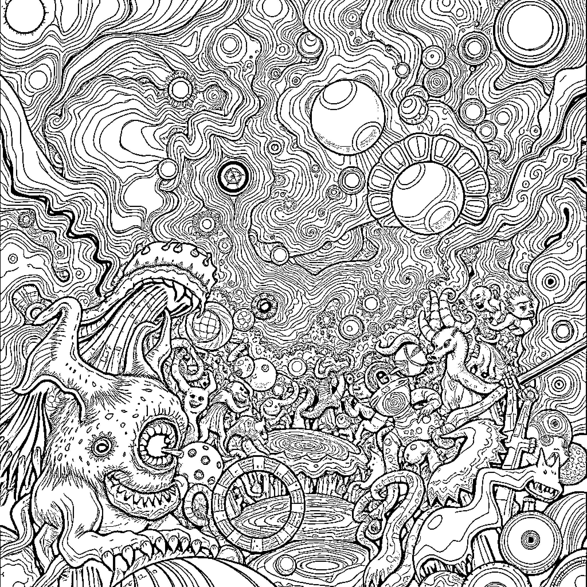 Universe of Fantastical Creatures and Cosmic Patterns Coloring Page (free black-and-white line drawing printable PDF for all, from beginners to advanced learners, including children, teens, adults, and seniors)