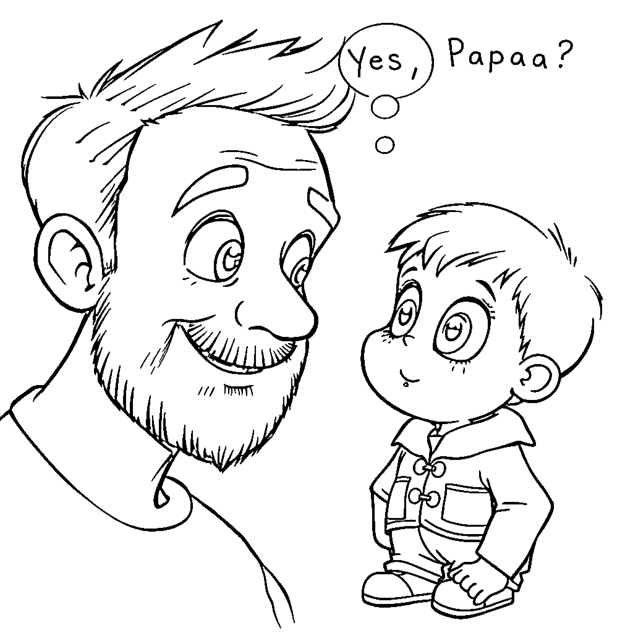 Johny asks Papa a question happily Coloring Page (free black-and-white line drawing printable PDF for all, from beginners to advanced learners, including children, teens, adults, and seniors)