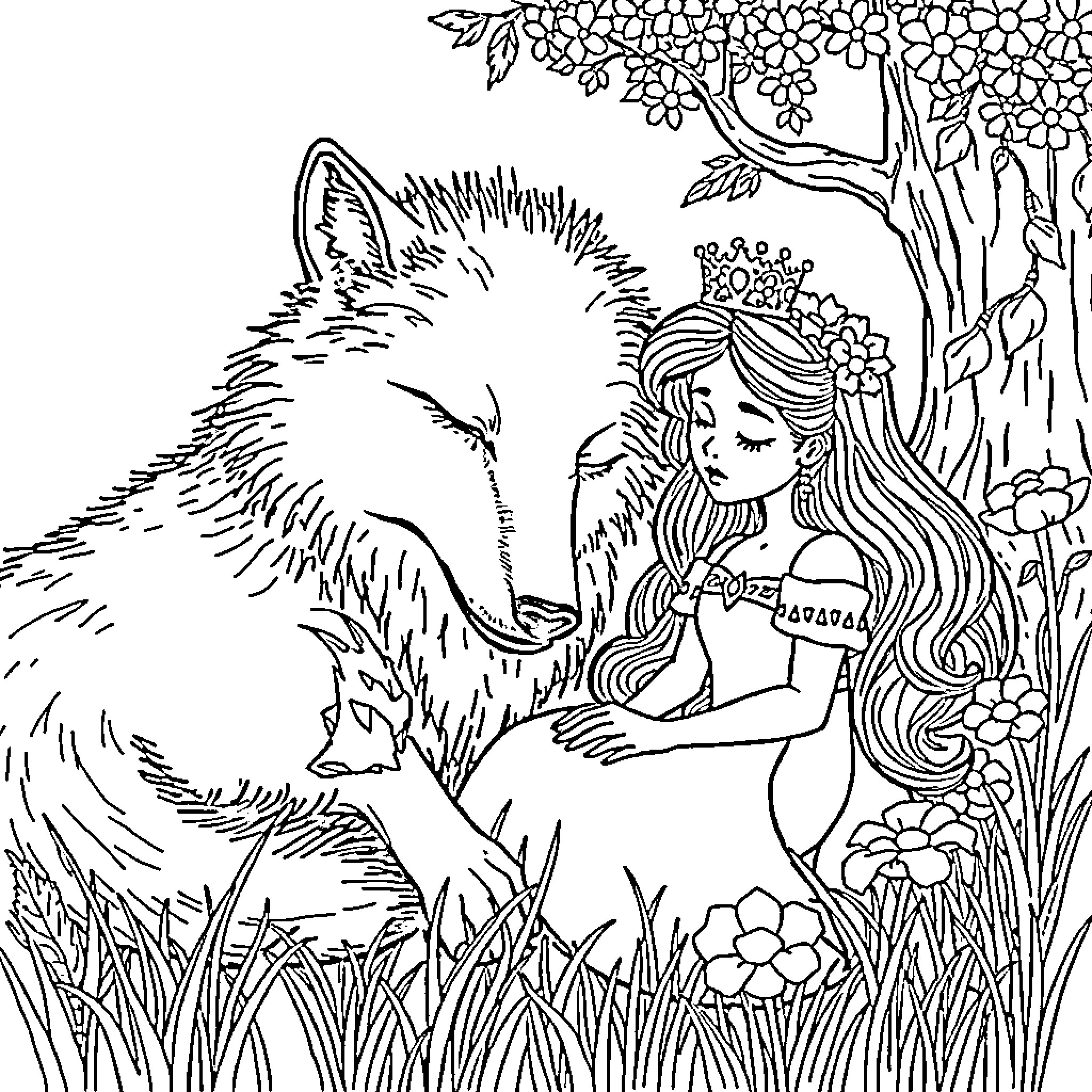 Wolf Comforting Fairy Princess in Enchanted Forest Coloring Page (free black-and-white line drawing printable PDF for all, from beginners to advanced learners, including children, teens, adults, and seniors)