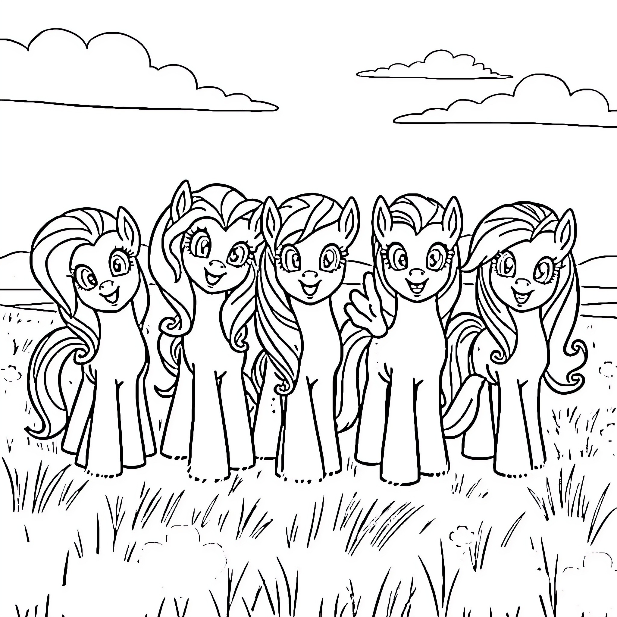 Pony friends posing happily in a field Coloring Page (free black-and-white line drawing printable PDF for all, from beginners to advanced learners, including children, teens, adults, and seniors)