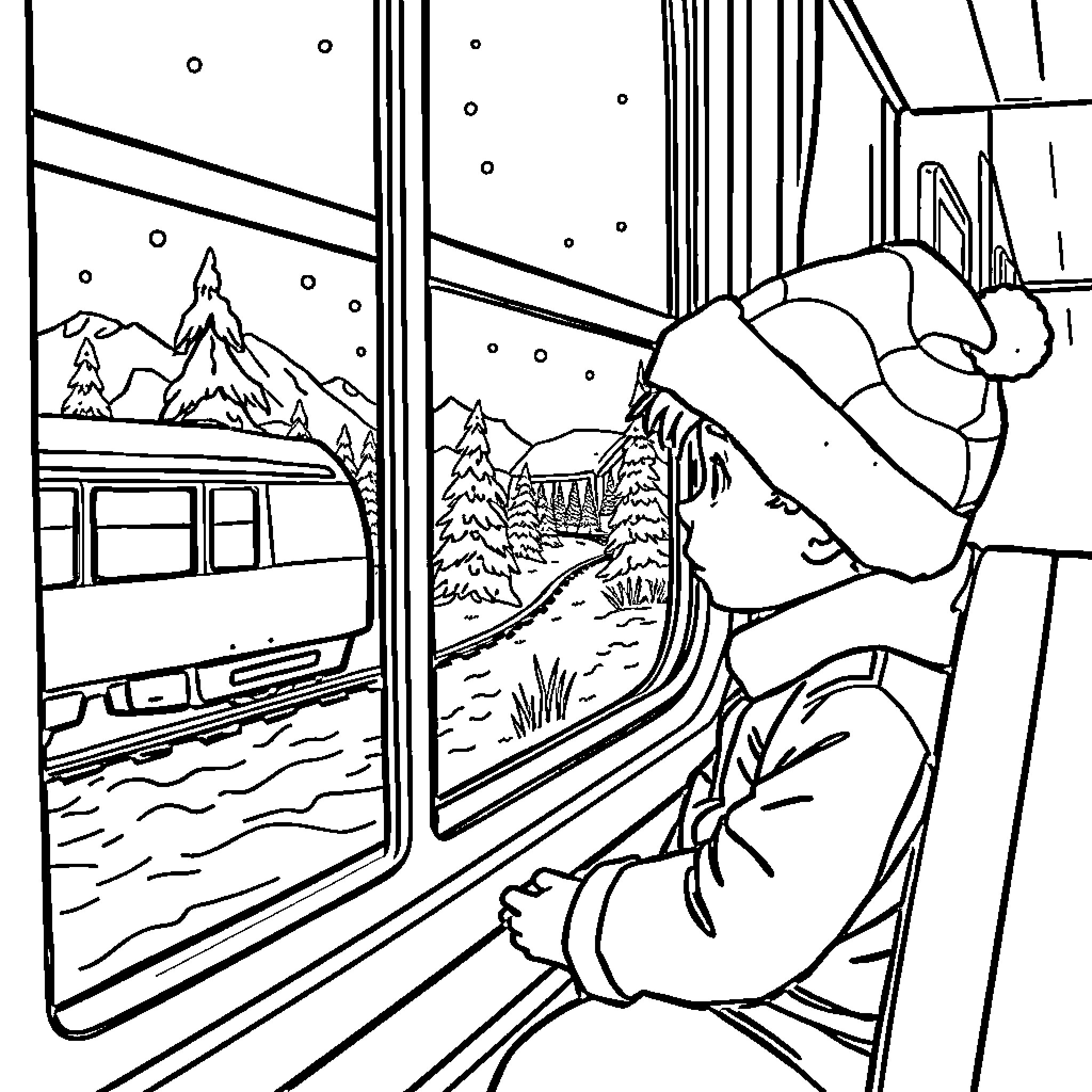 Boy gazing out at snowy winter landscape through window Coloring Page (free black-and-white line drawing printable PDF for all, from beginners to advanced learners, including children, teens, adults, and seniors)