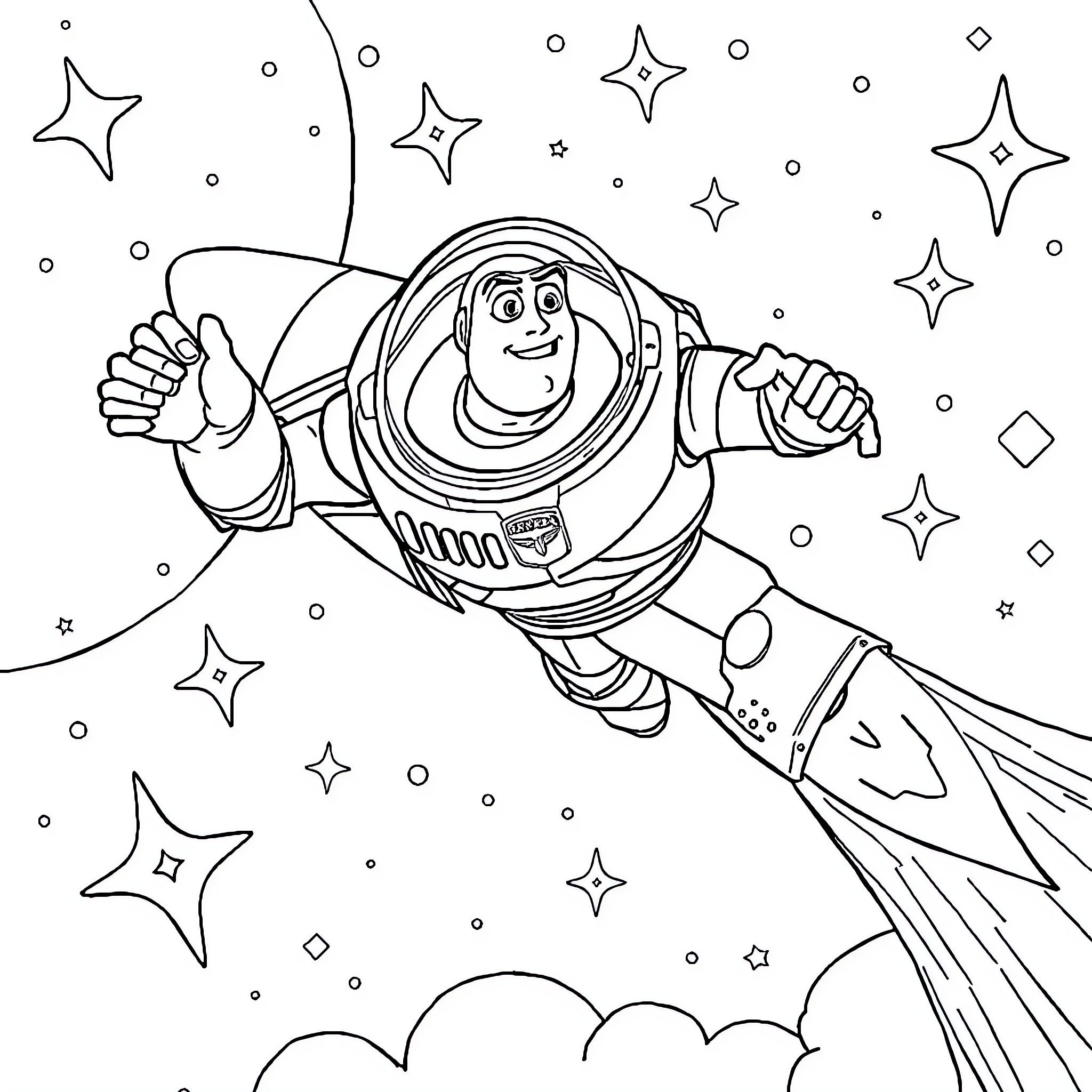 Buzz Lightyear soaring through the stars Coloring Page (free black-and-white line drawing printable PDF for all, from beginners to advanced learners, including children, teens, adults, and seniors)