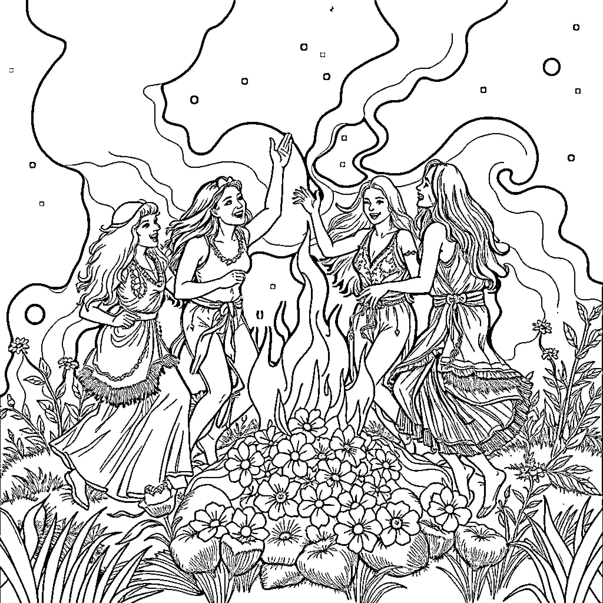 Hippie Bohemian Women in Magical Forest Scene Coloring Page (free black-and-white line drawing printable PDF for all, from beginners to advanced learners, including children, teens, adults, and seniors)