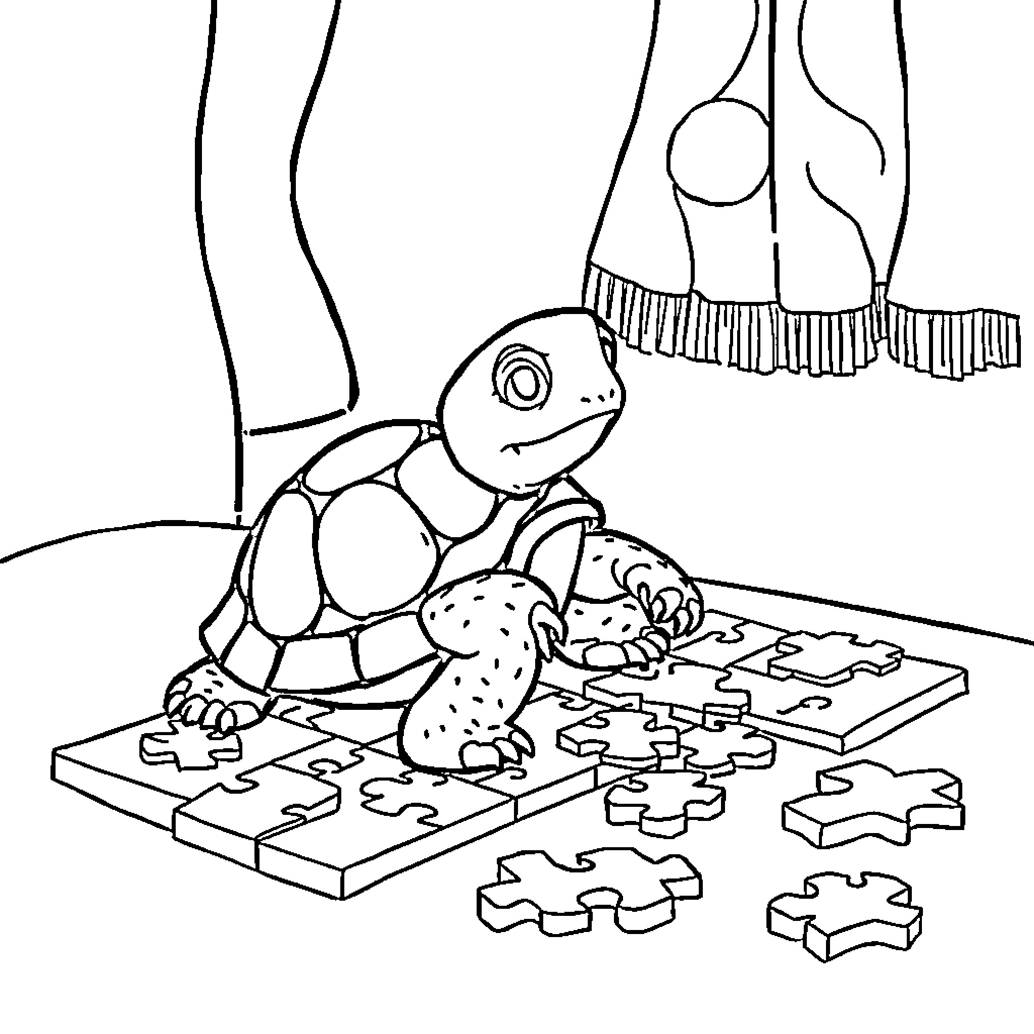 Turtle playing with puzzles under a lamp Coloring Page (free black-and-white line drawing printable PDF for all, from beginners to advanced learners, including children, teens, adults, and seniors)