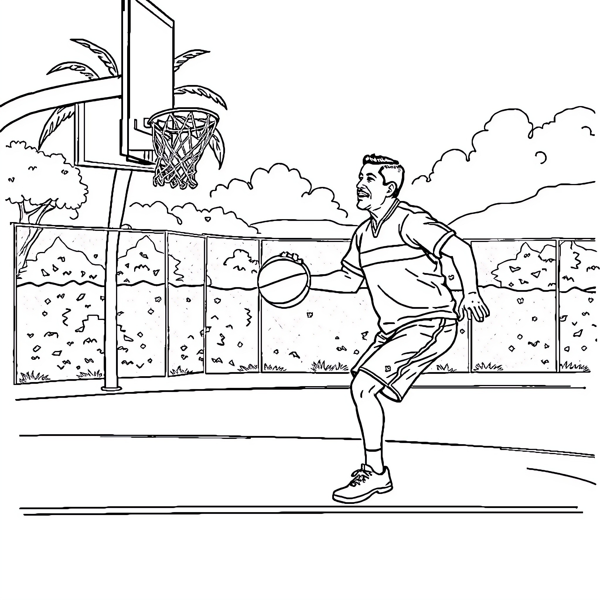 President playing basketball in outdoor court Coloring Page (free black-and-white line drawing printable PDF for all, from beginners to advanced learners, including children, teens, adults, and seniors)