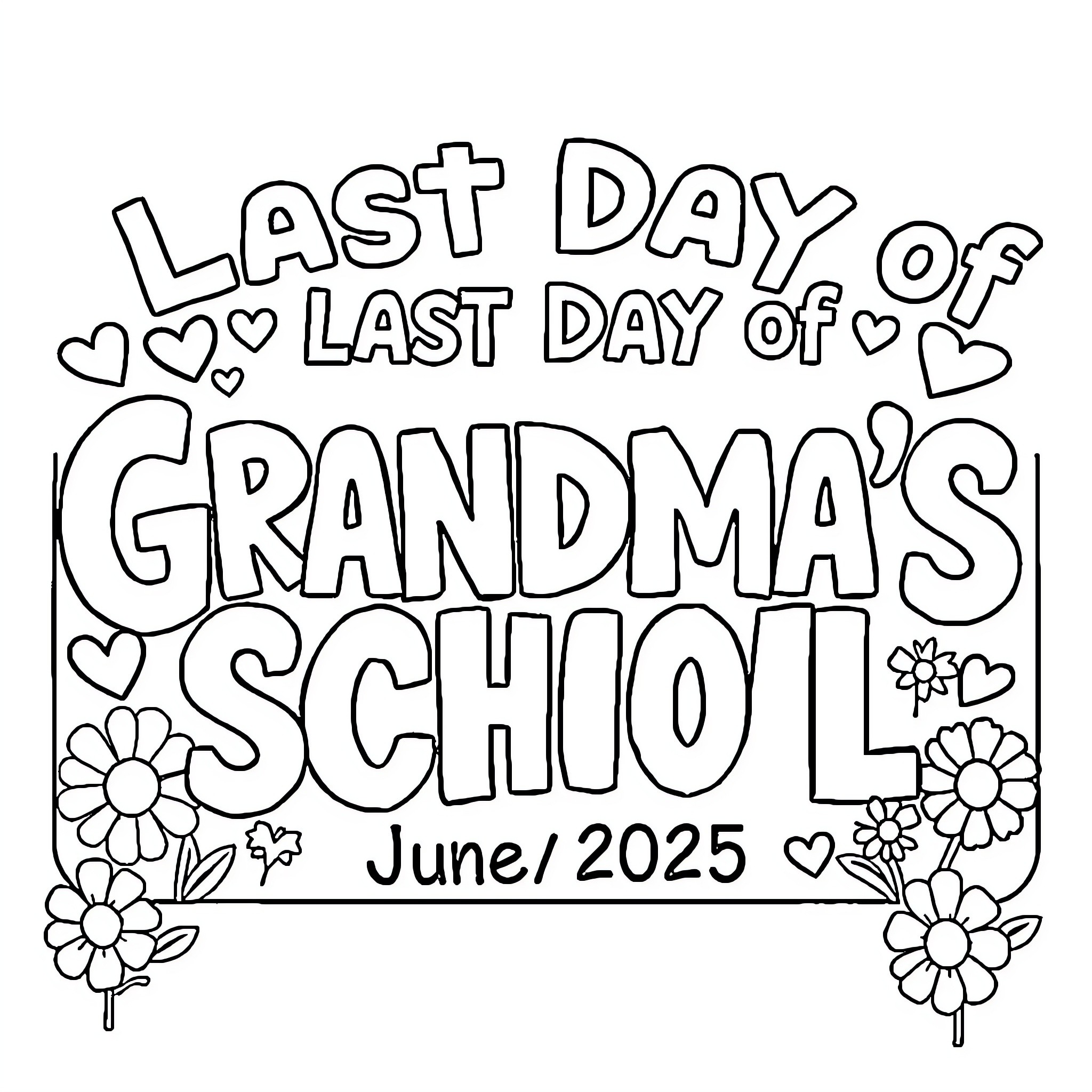 Sign of the Last Day of Grandma's School Coloring Page (free black-and-white line drawing printable PDF for all, from beginners to advanced learners, including children, teens, adults, and seniors)