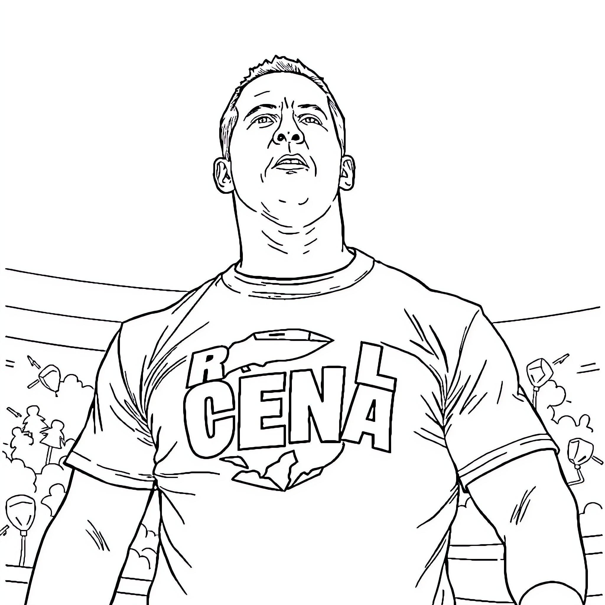 John Cena in wrestling ring with spectators Coloring Page (free black-and-white line drawing printable PDF for all, from beginners to advanced learners, including children, teens, adults, and seniors)
