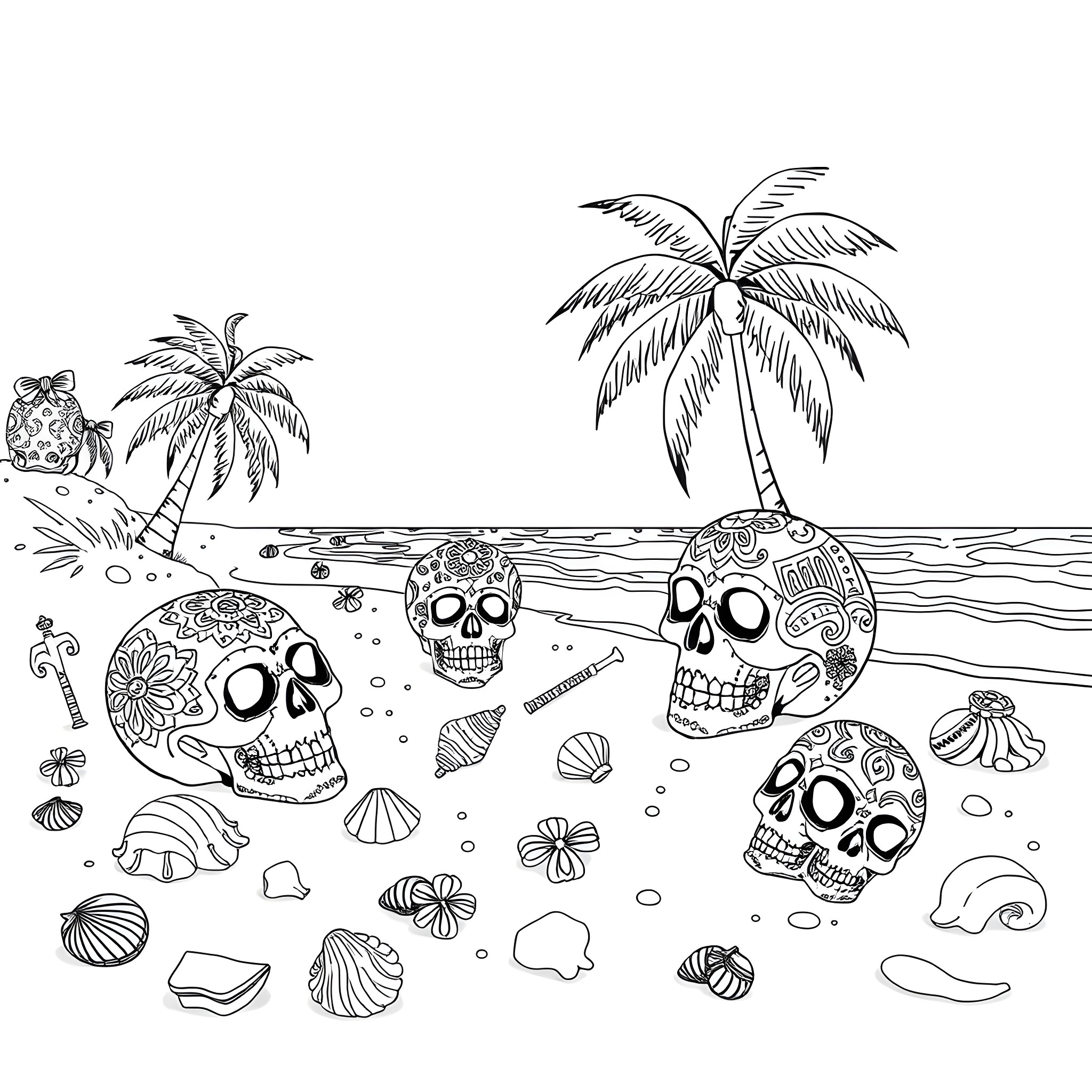 Sugar Skull Tropical Beach Scene with Skeletal Figures Coloring Page (free black-and-white line drawing printable PDF for all, from beginners to advanced learners, including children, teens, adults, and seniors)