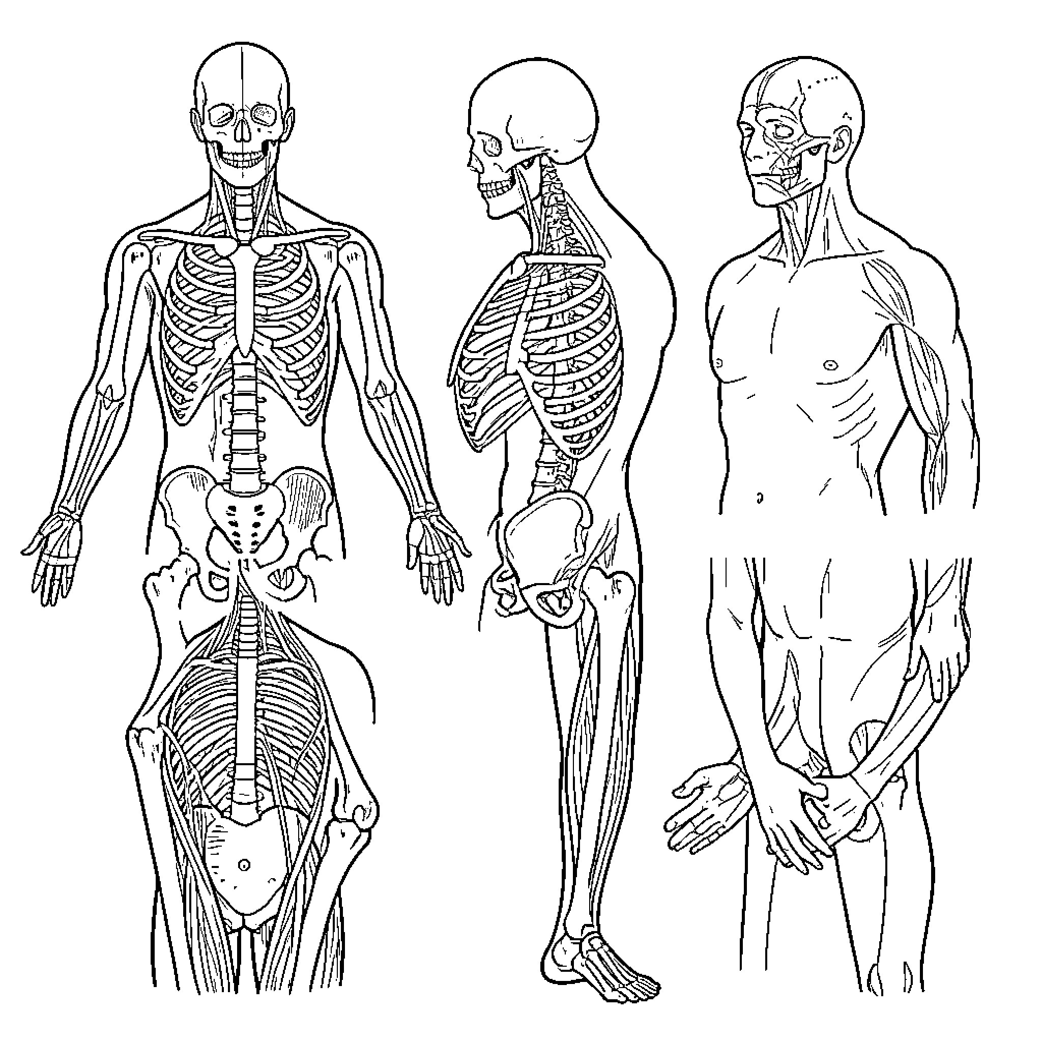 Human Anatomy showing skeletal and muscular structures Coloring Page (free black-and-white line drawing printable PDF for all, from beginners to advanced learners, including children, teens, adults, and seniors)