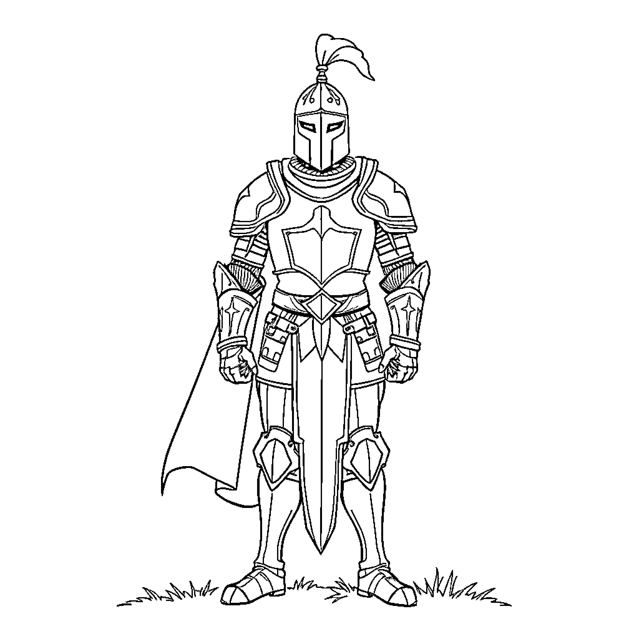Knight in shining armor wielding sword and shield Coloring Page (free black-and-white line drawing printable PDF for all, from beginners to advanced learners, including children, teens, adults, and seniors)