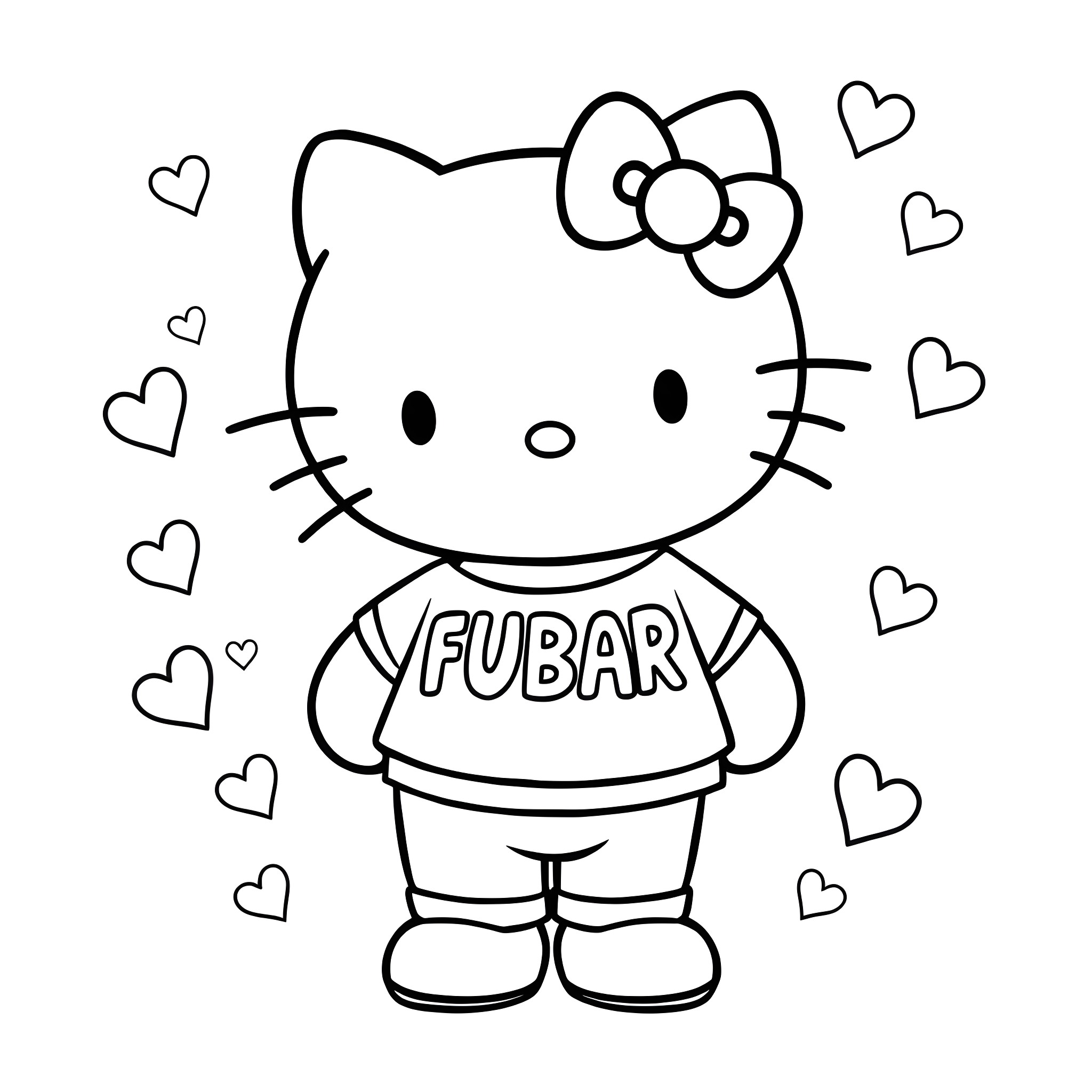 Hello Kitty wearing Fubar outfit with hearts Coloring Page (free black-and-white line drawing printable PDF for all, from beginners to advanced learners, including children, teens, adults, and seniors)