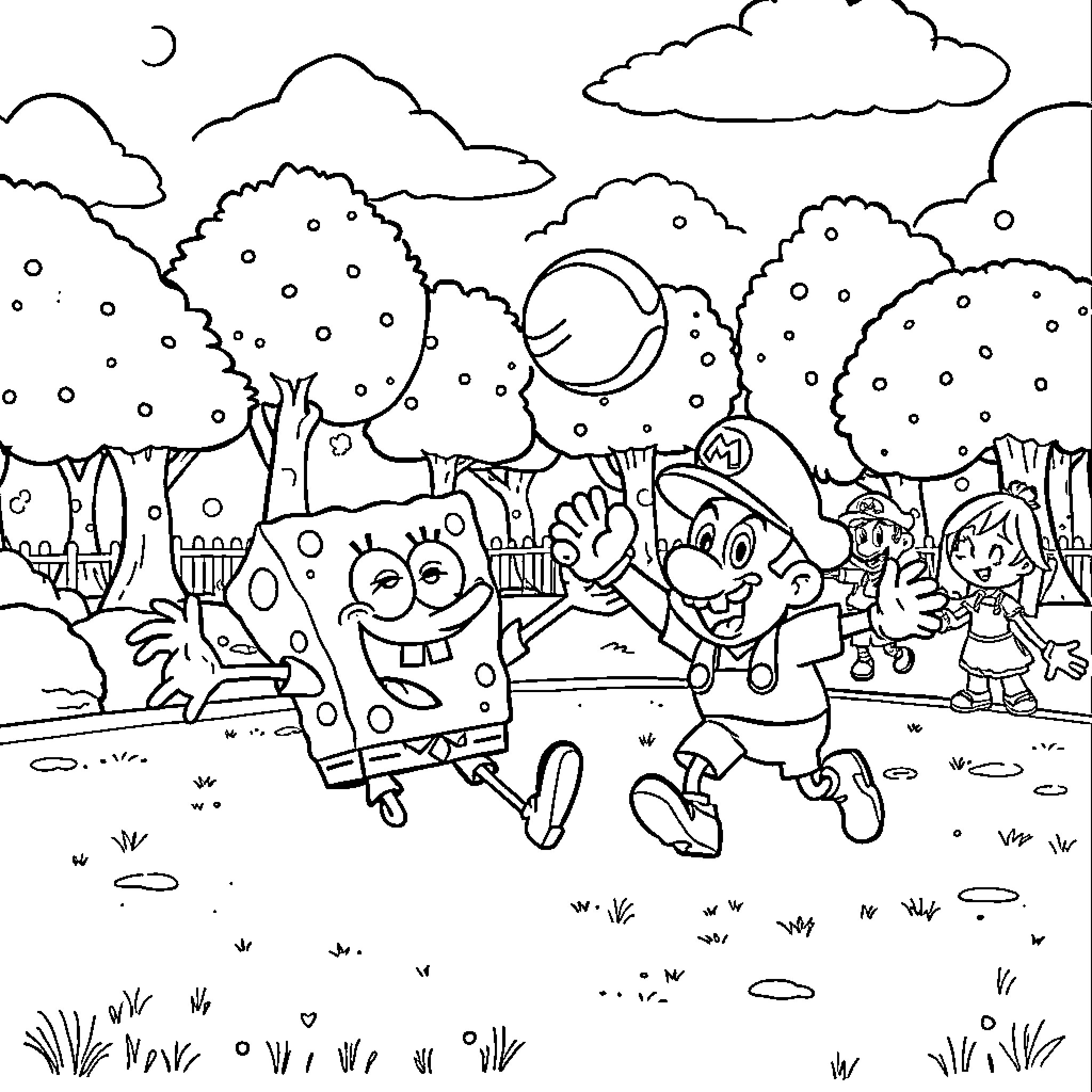 Spongebob and friends explore the outdoors Coloring Page (free black-and-white line drawing printable PDF for all, from beginners to advanced learners, including children, teens, adults, and seniors)