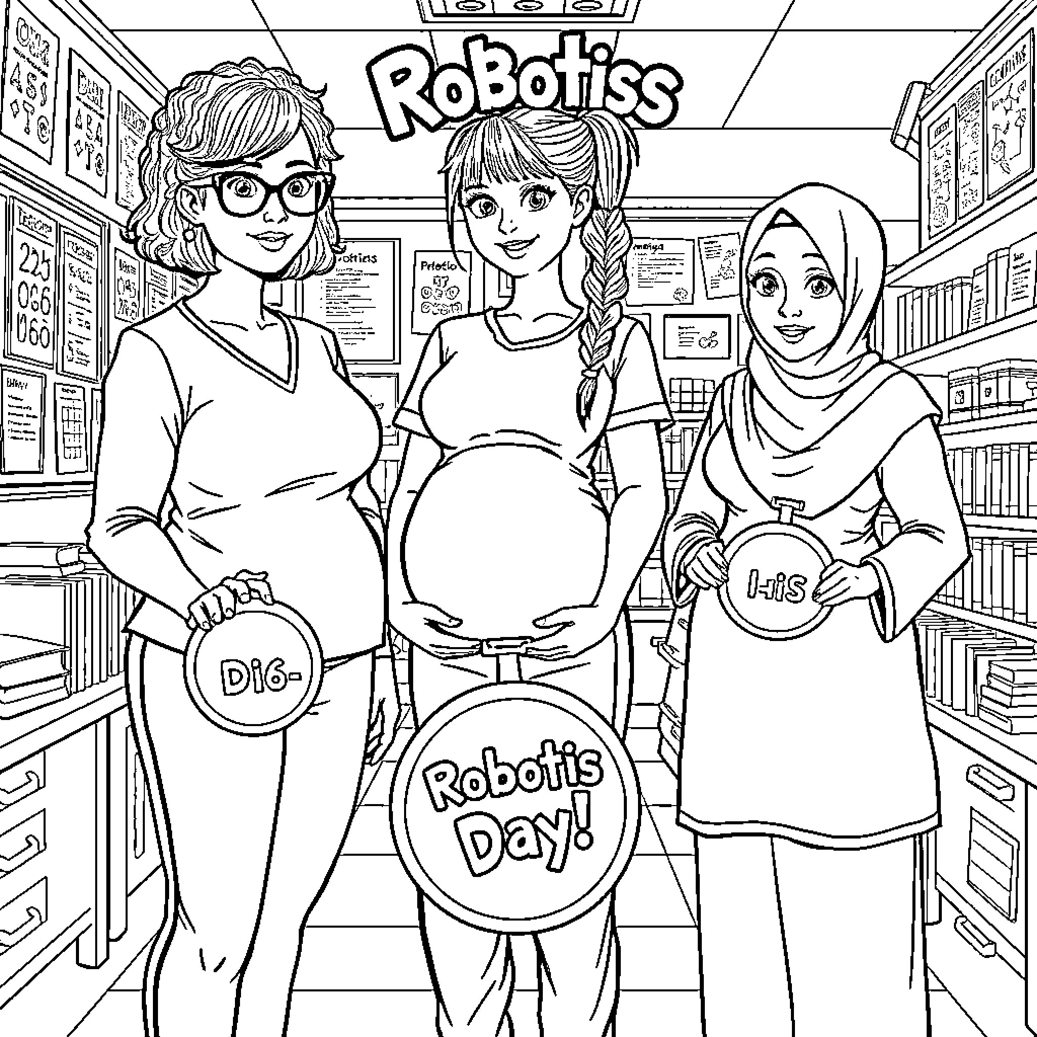 Teacher Assistants Celebrate Robotics Day Coloring Page (free black-and-white line drawing printable PDF for all, from beginners to advanced learners, including children, teens, adults, and seniors)