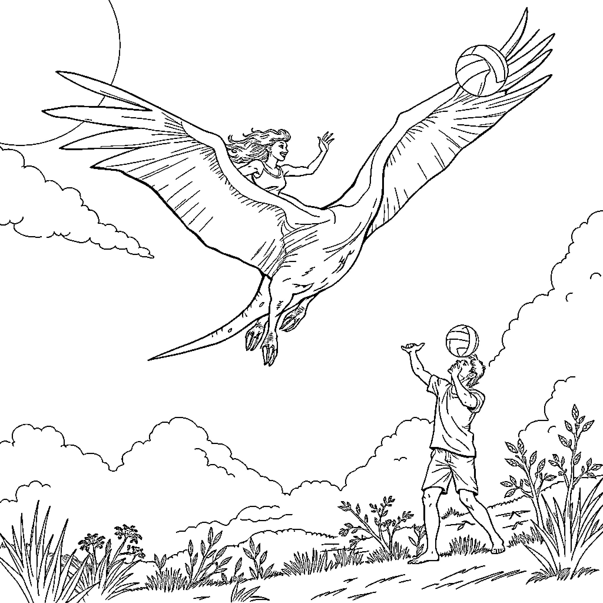 Pterodactyl soaring over person in nature Coloring Page (free black-and-white line drawing printable PDF for all, from beginners to advanced learners, including children, teens, adults, and seniors)