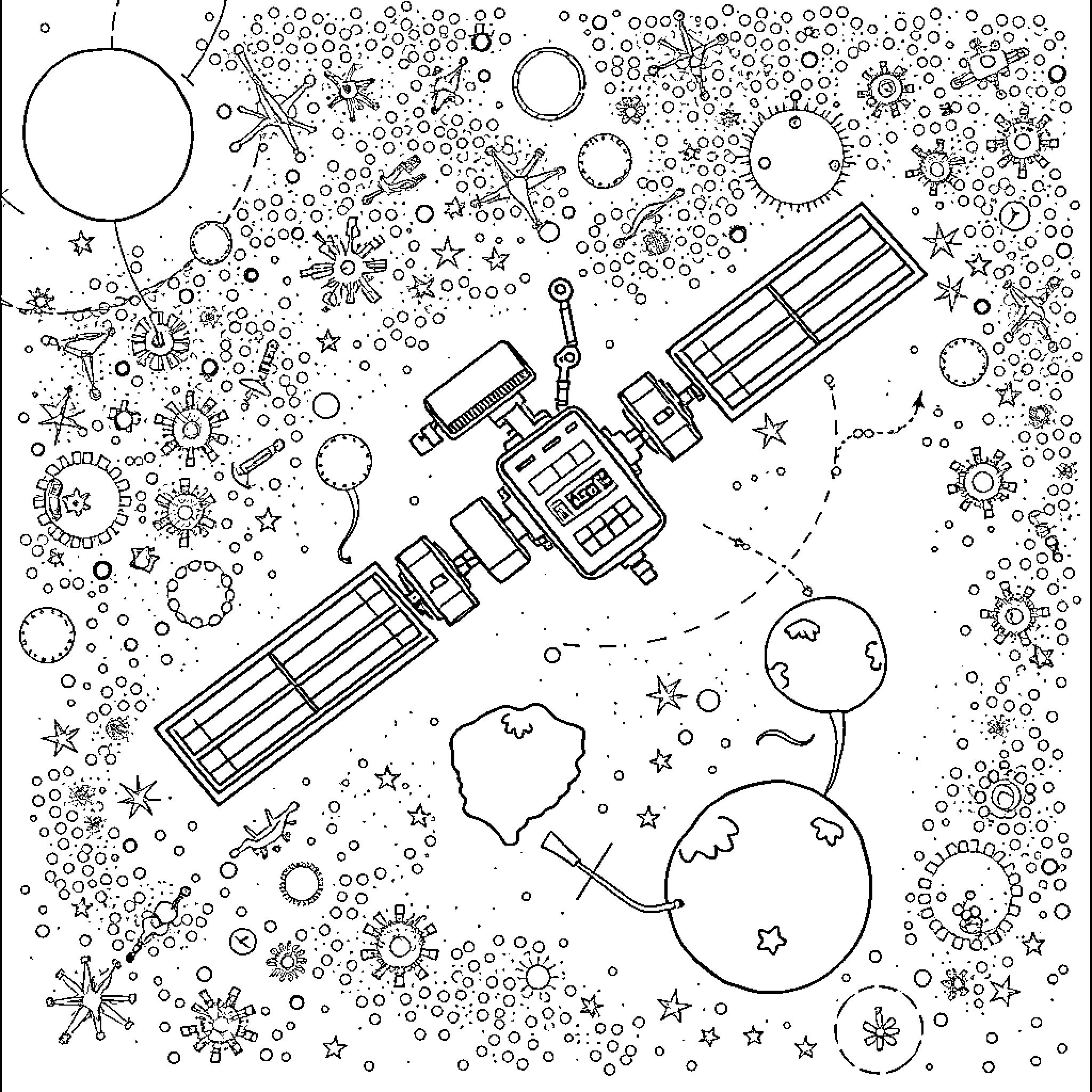 Ham Radio Satellite Orbiting Amongst the Stars Coloring Page (free black-and-white line drawing printable PDF for all, from beginners to advanced learners, including children, teens, adults, and seniors)