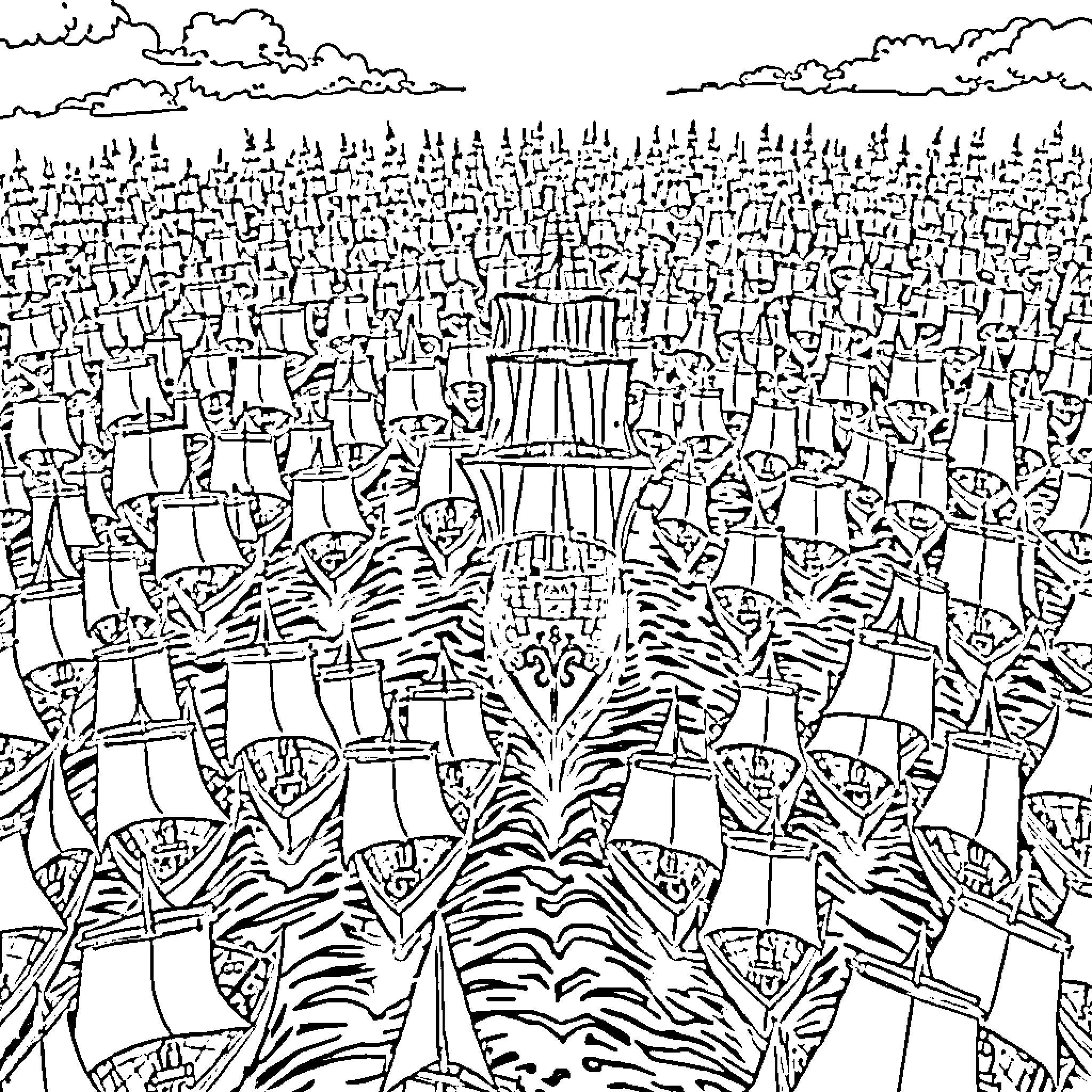 Ship Sailing Through a Crowded Seascape Coloring Page (free black-and-white line drawing printable PDF for all, from beginners to advanced learners, including children, teens, adults, and seniors)