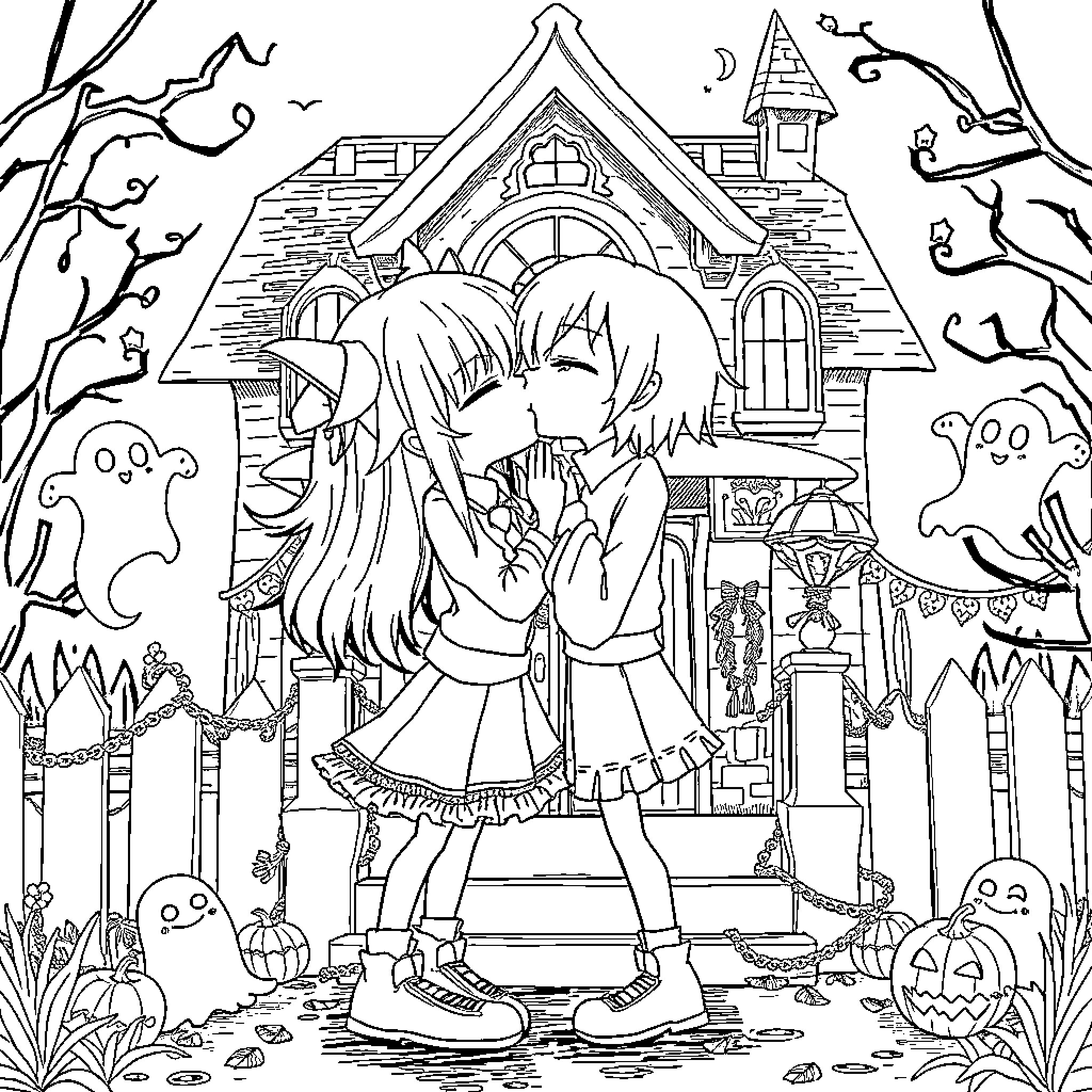 Kuromi and friends explore a haunted house Coloring Page (free black-and-white line drawing printable PDF for all, from beginners to advanced learners, including children, teens, adults, and seniors)