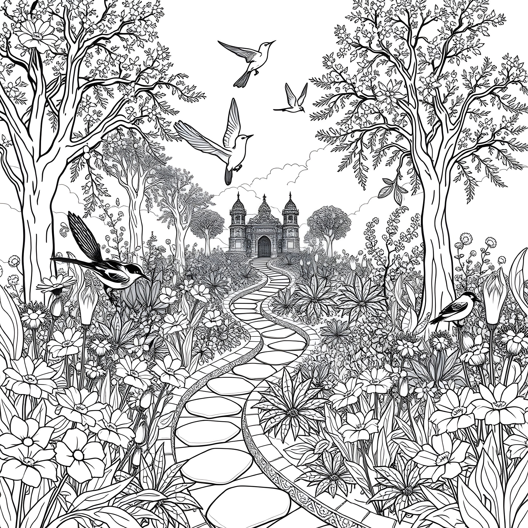Garden of Enchanting Creatures and Blooms Coloring Page (free black-and-white line drawing printable PDF for all, from beginners to advanced learners, including children, teens, adults, and seniors)