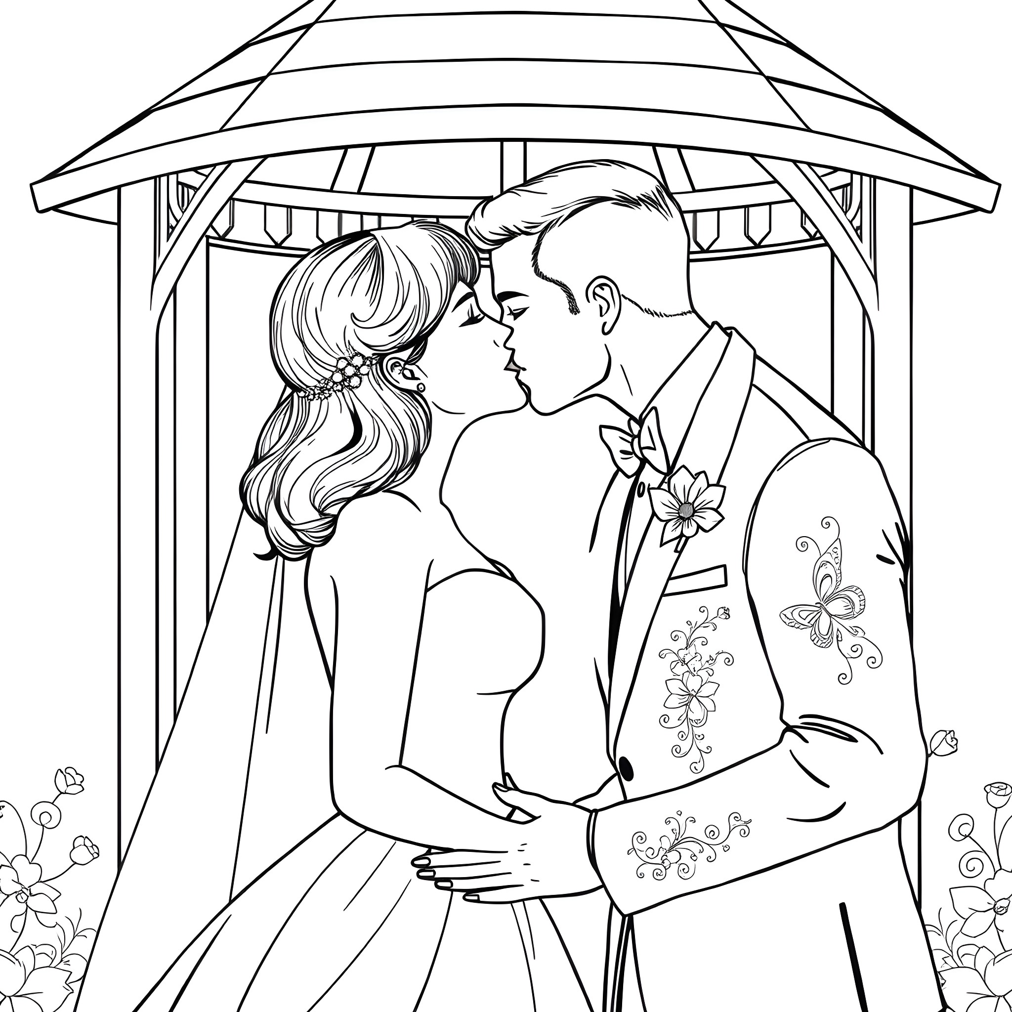 Bride and Groom Sharing a Romantic Moment Coloring Page (free black-and-white line drawing printable PDF for all, from beginners to advanced learners, including children, teens, adults, and seniors)
