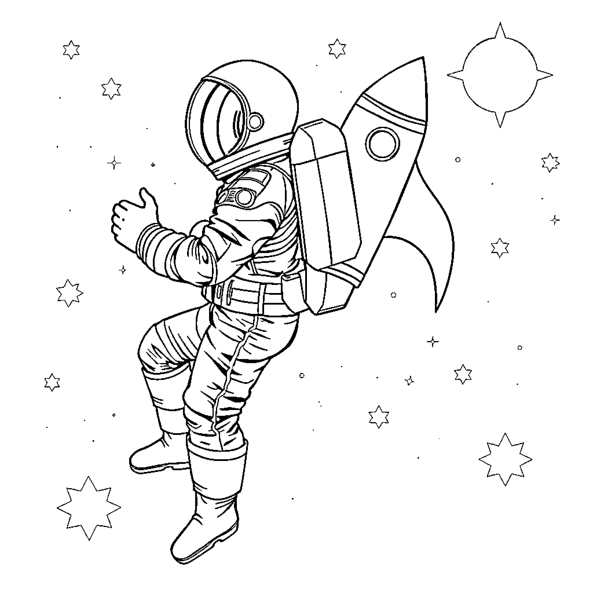 Space Man Exploring the Cosmic Wonders Coloring Page (free black-and-white line drawing printable PDF for all, from beginners to advanced learners, including children, teens, adults, and seniors)