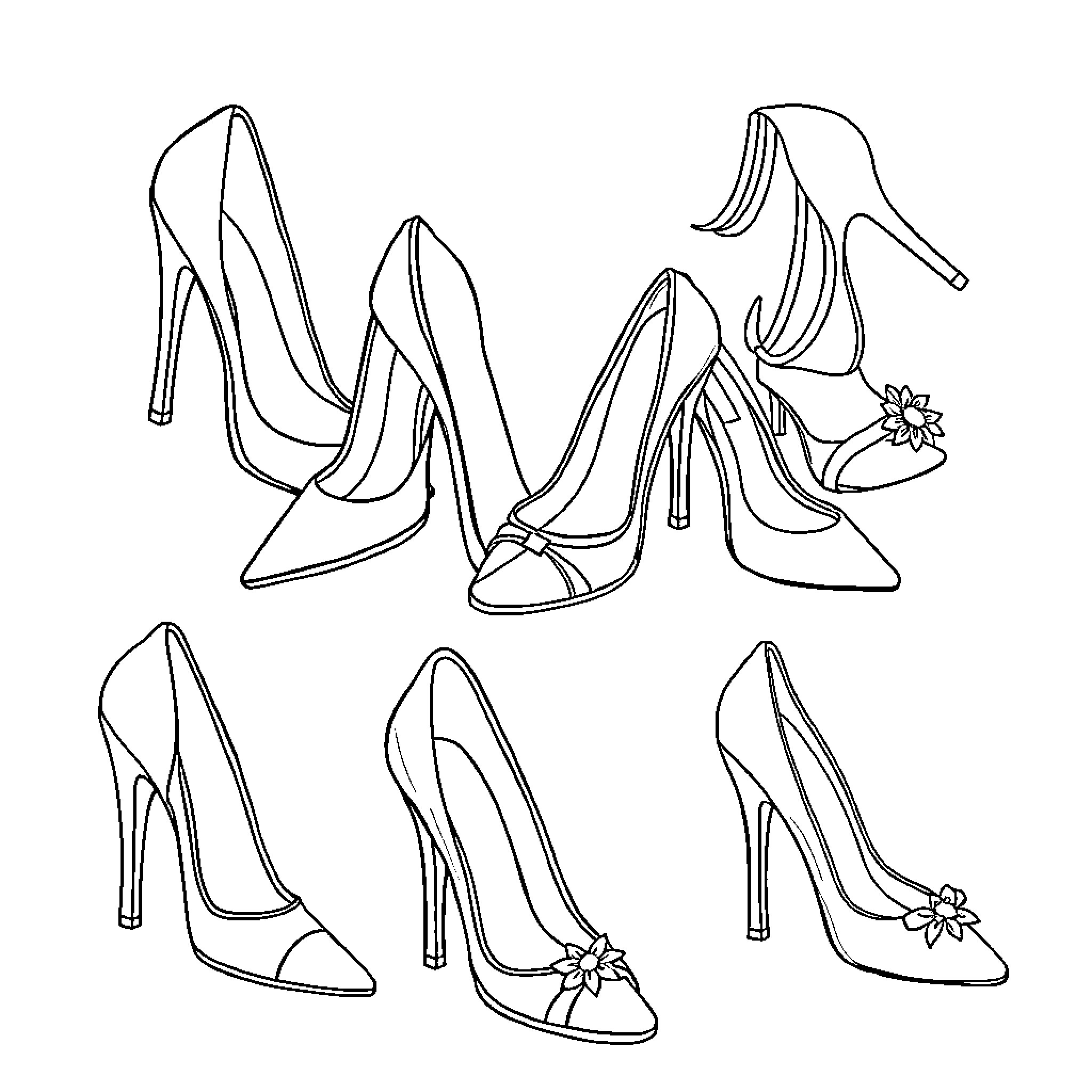 Shoe Design Sketch Collection Coloring Page (free black-and-white line drawing printable PDF for all, from beginners to advanced learners, including children, teens, adults, and seniors)