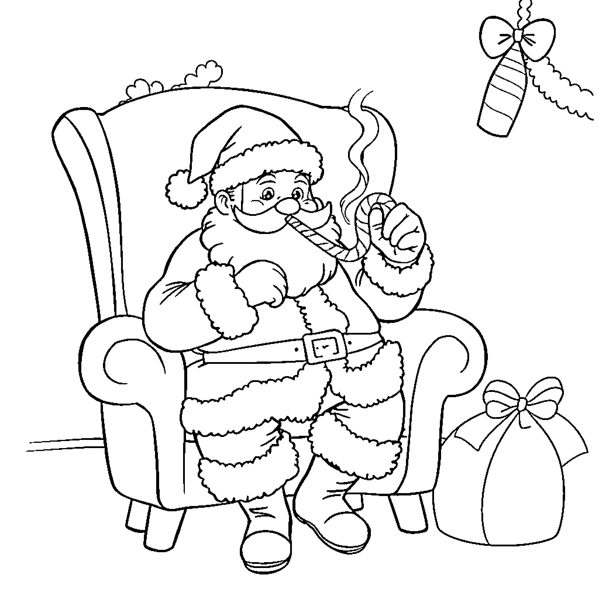 Santa relaxing in his chair with a gift bag Coloring Page (free black-and-white line drawing printable PDF for all, from beginners to advanced learners, including children, teens, adults, and seniors)