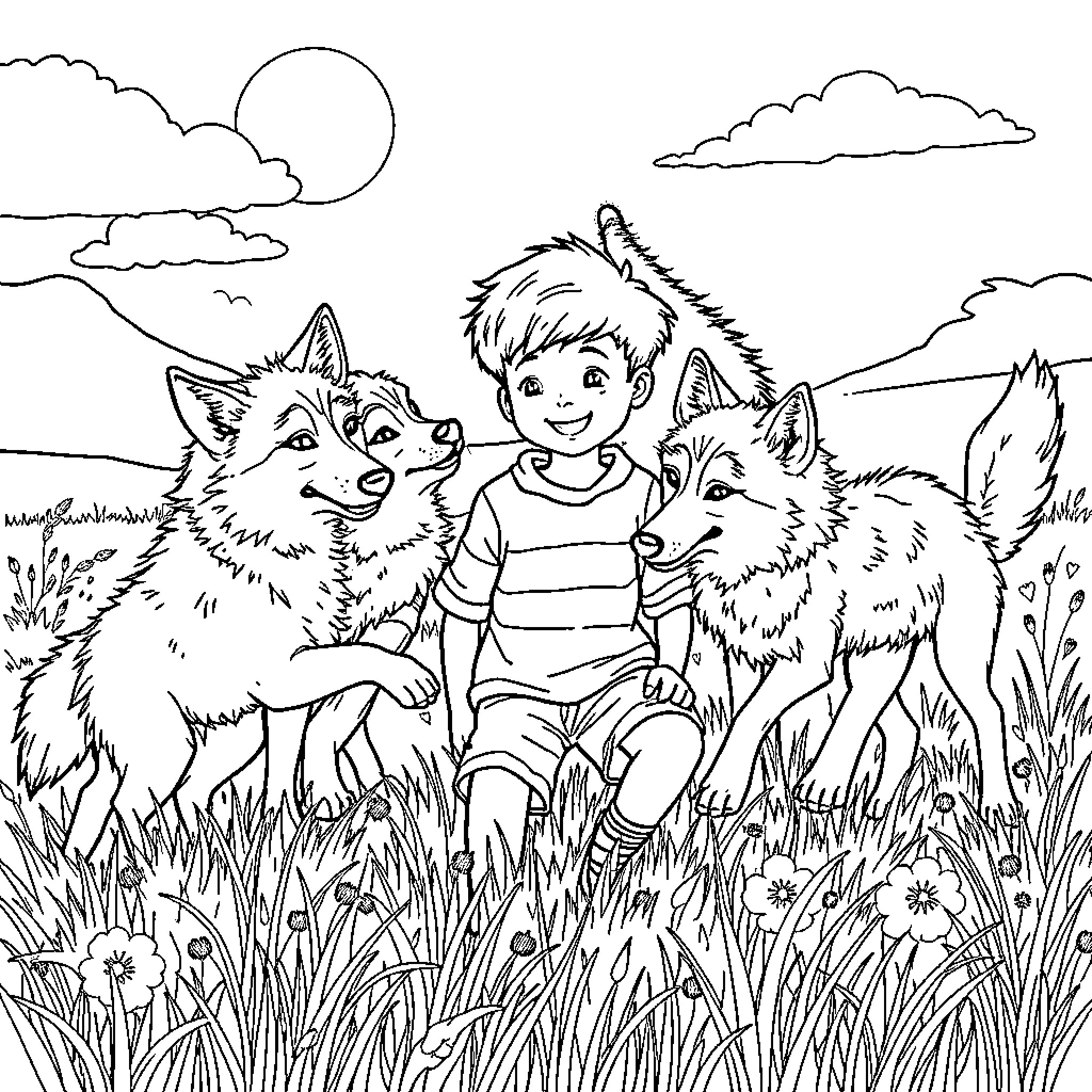 Wolf boy playing with wolf companions in nature Coloring Page (free black-and-white line drawing printable PDF for all, from beginners to advanced learners, including children, teens, adults, and seniors)
