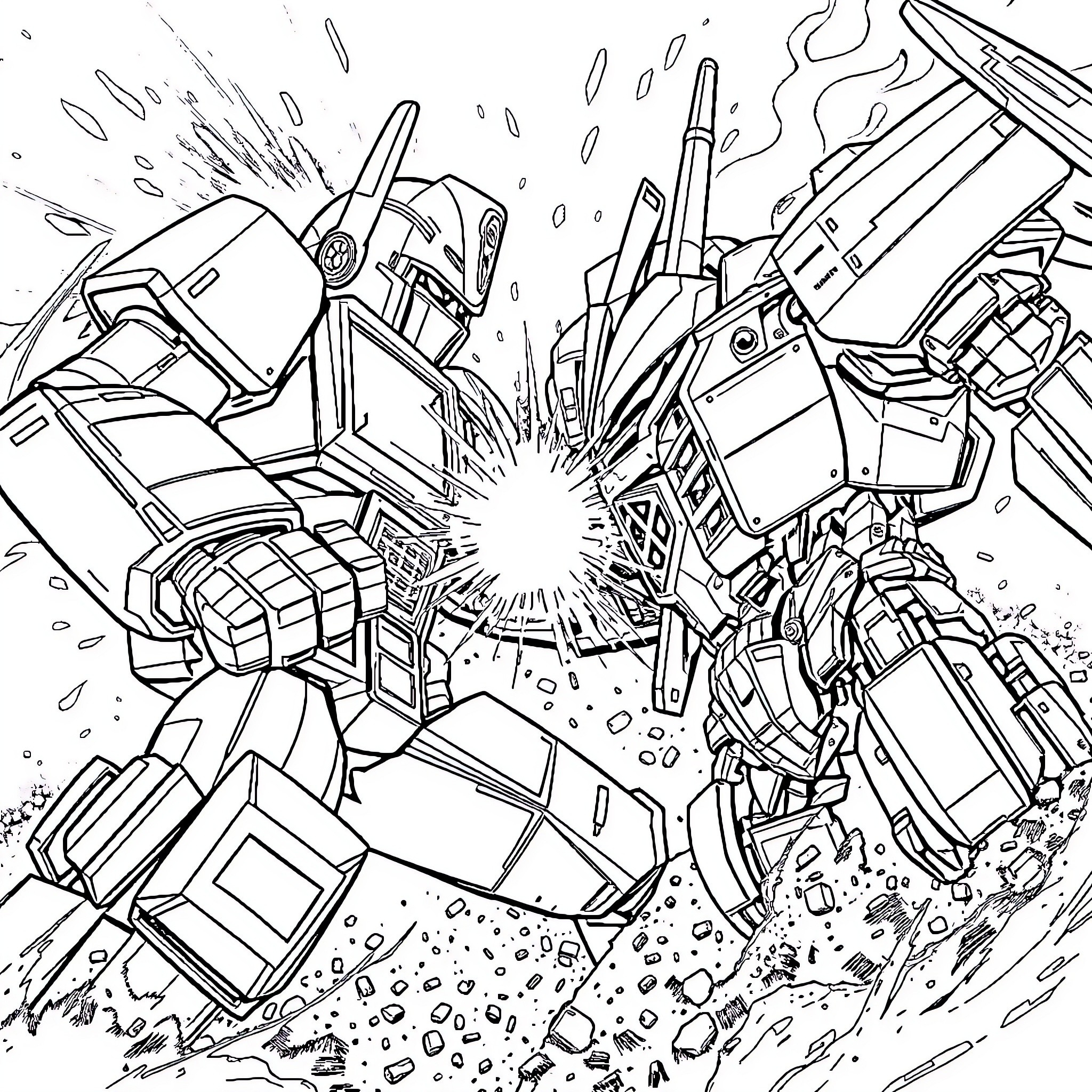 Optimus Prime in an Explosive Battle Scene Coloring Page (free black-and-white line drawing printable PDF for all, from beginners to advanced learners, including children, teens, adults, and seniors)