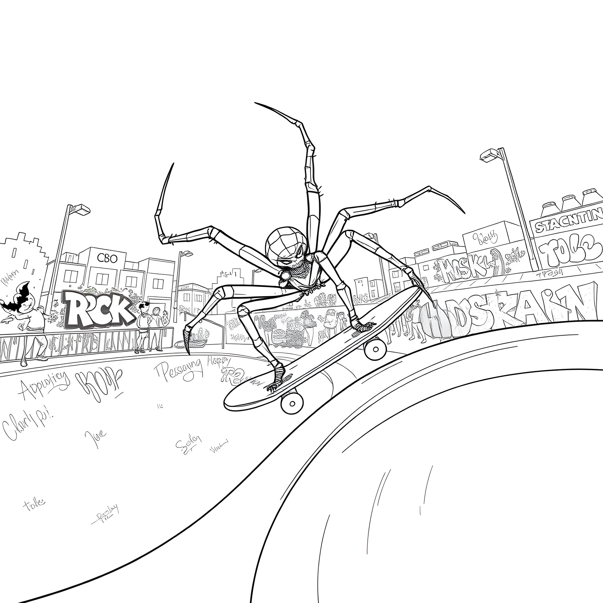 Spider-Man skateboarding through the city Coloring Page (free black-and-white line drawing printable PDF for all, from beginners to advanced learners, including children, teens, adults, and seniors)