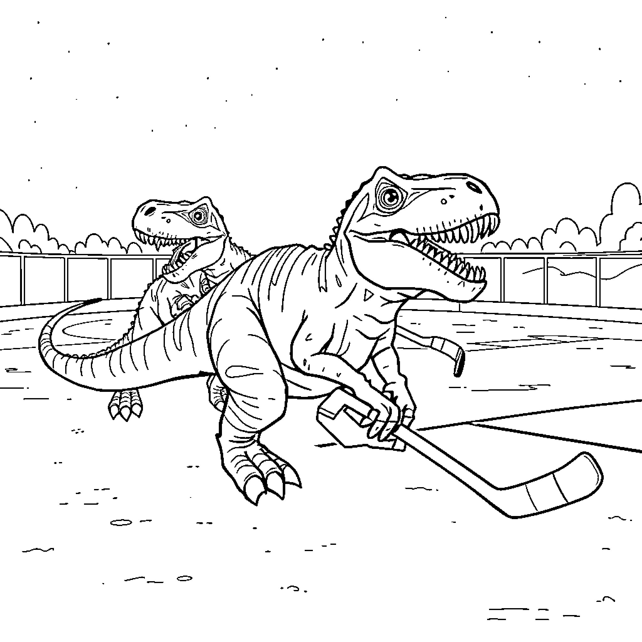 T-Rex hockey player chasing the puck on the ice Coloring Page (free black-and-white line drawing printable PDF for all, from beginners to advanced learners, including children, teens, adults, and seniors)