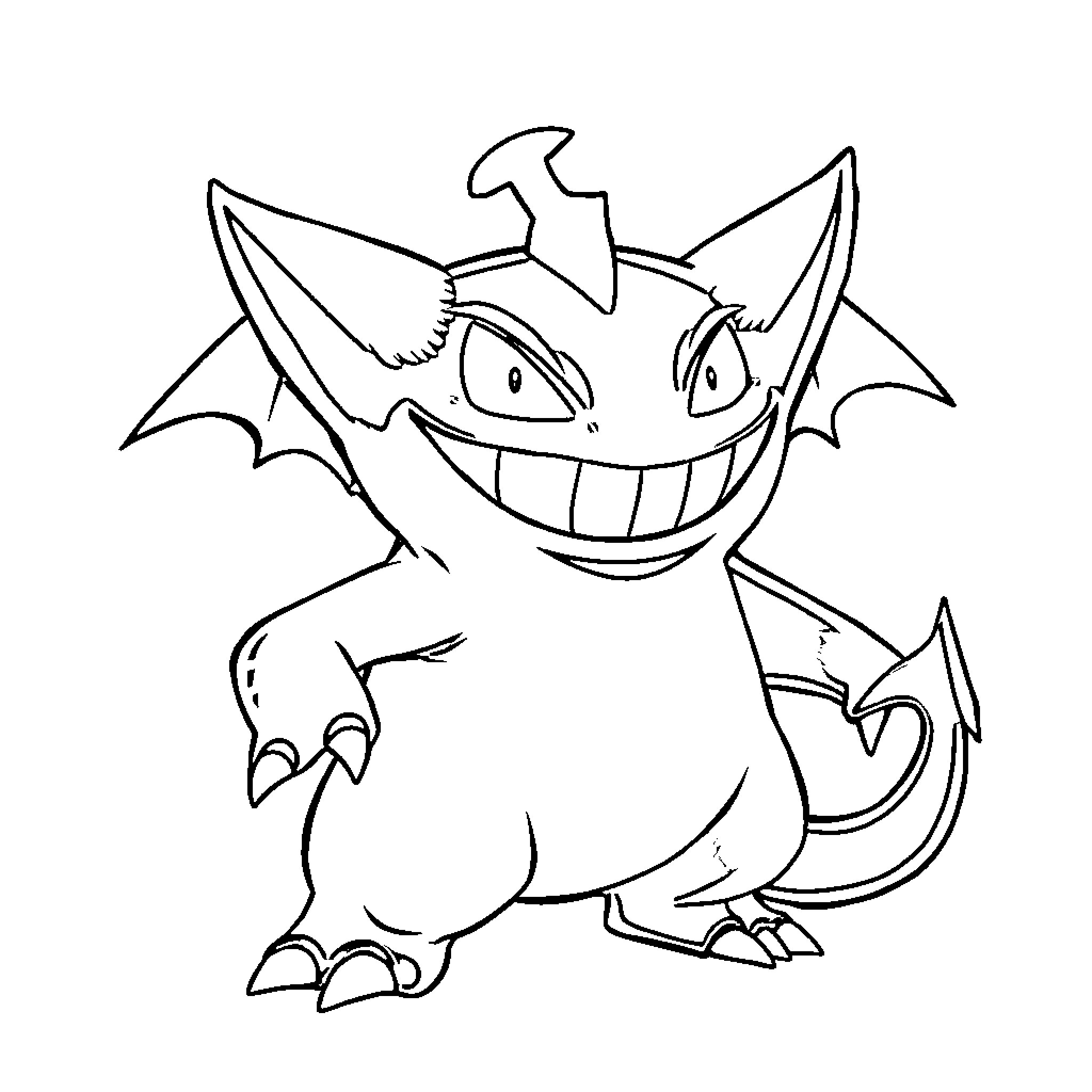 Gengar's Mischievous Grin Coloring Page (free black-and-white line drawing printable PDF for all, from beginners to advanced learners, including children, teens, adults, and seniors)