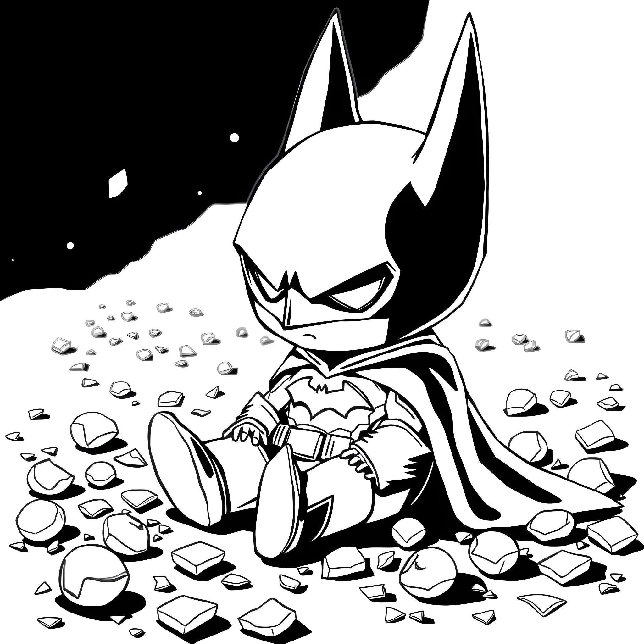 Baby Batman examining broken Batarang pieces Coloring Page (free black-and-white line drawing printable PDF for all, from beginners to advanced learners, including children, teens, adults, and seniors)