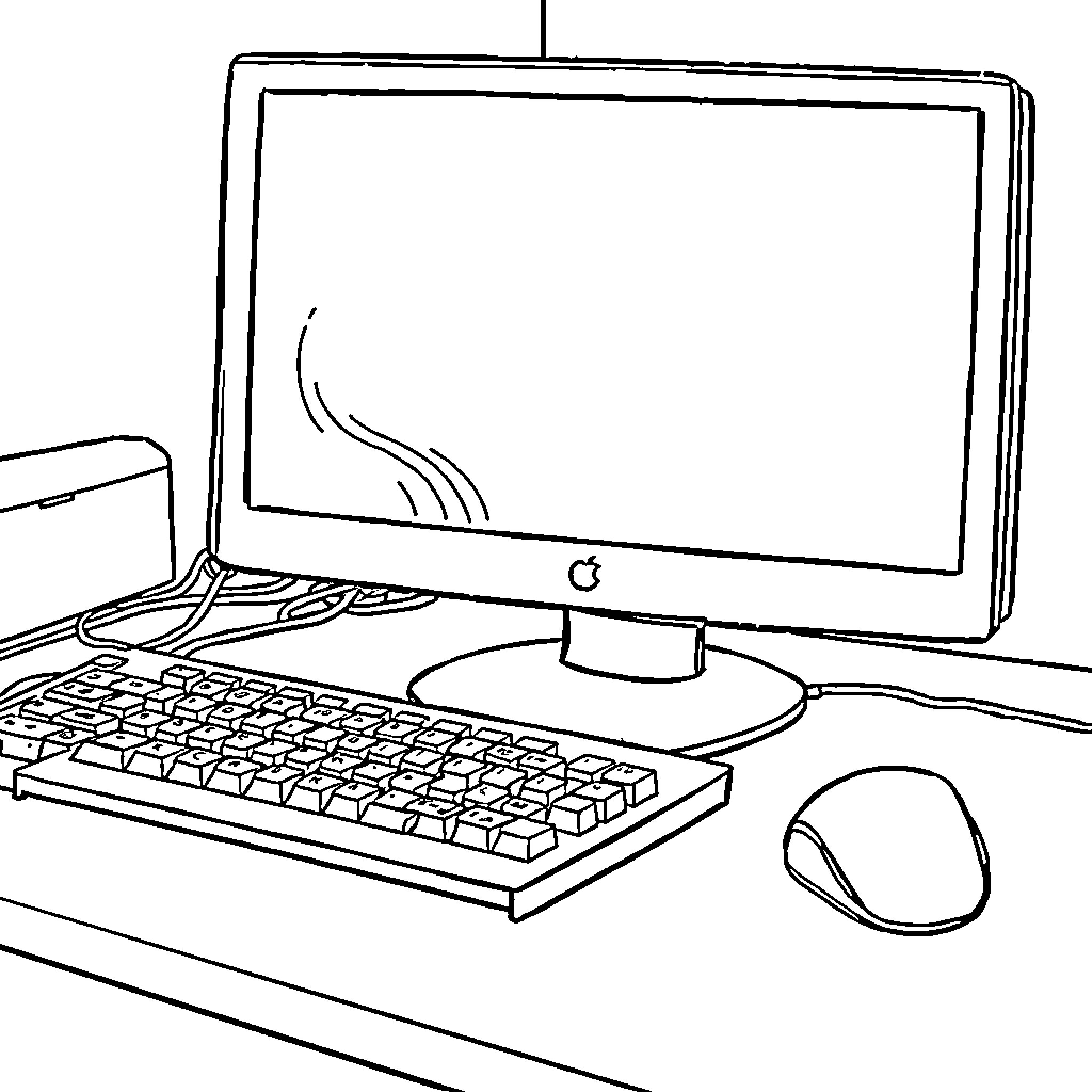 Computer Parts Working on a Desk Coloring Page (free black-and-white line drawing printable PDF for all, from beginners to advanced learners, including children, teens, adults, and seniors)