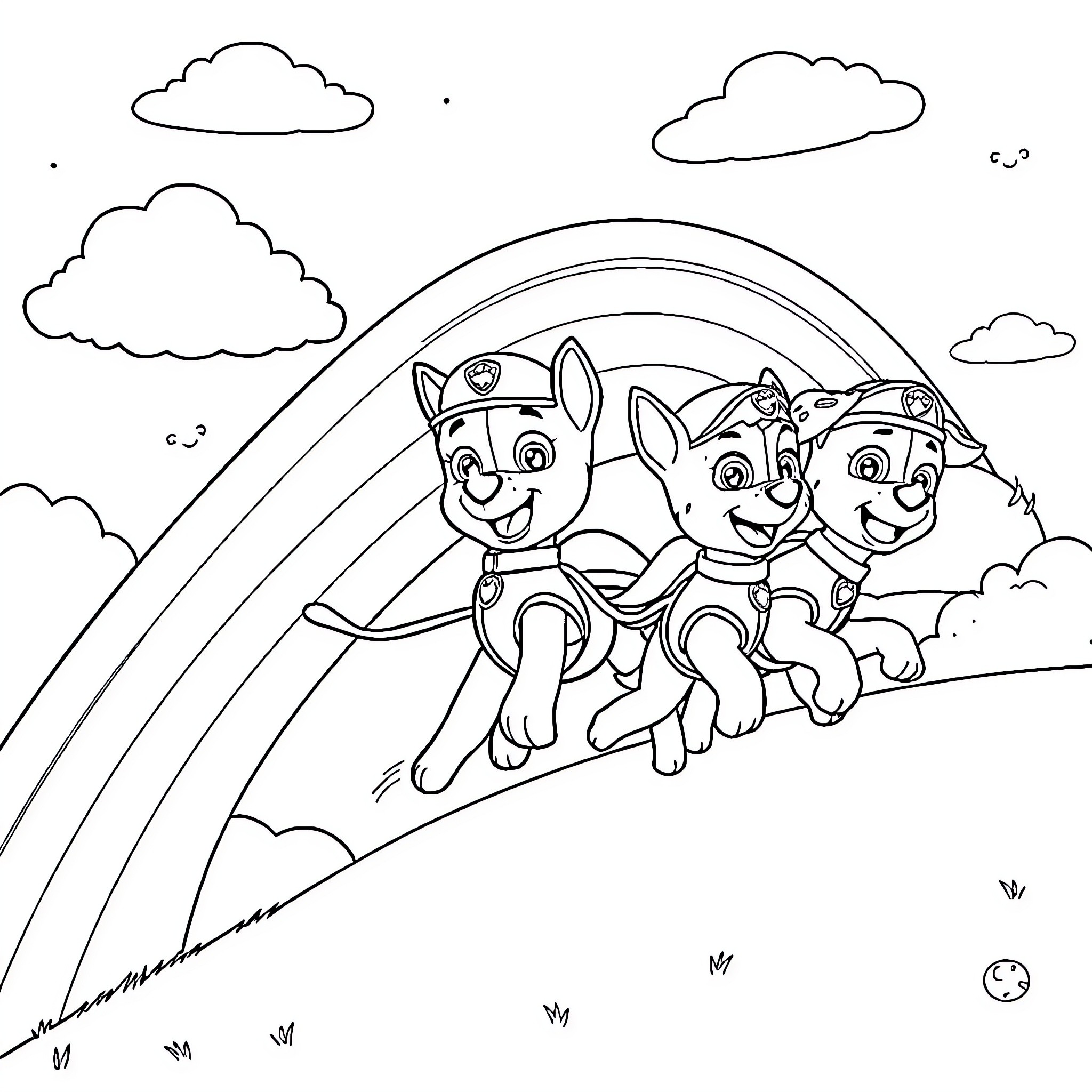 Paw Patrol Pups Exploring a Colorful Landscape Coloring Page (free black-and-white line drawing printable PDF for all, from beginners to advanced learners, including children, teens, adults, and seniors)