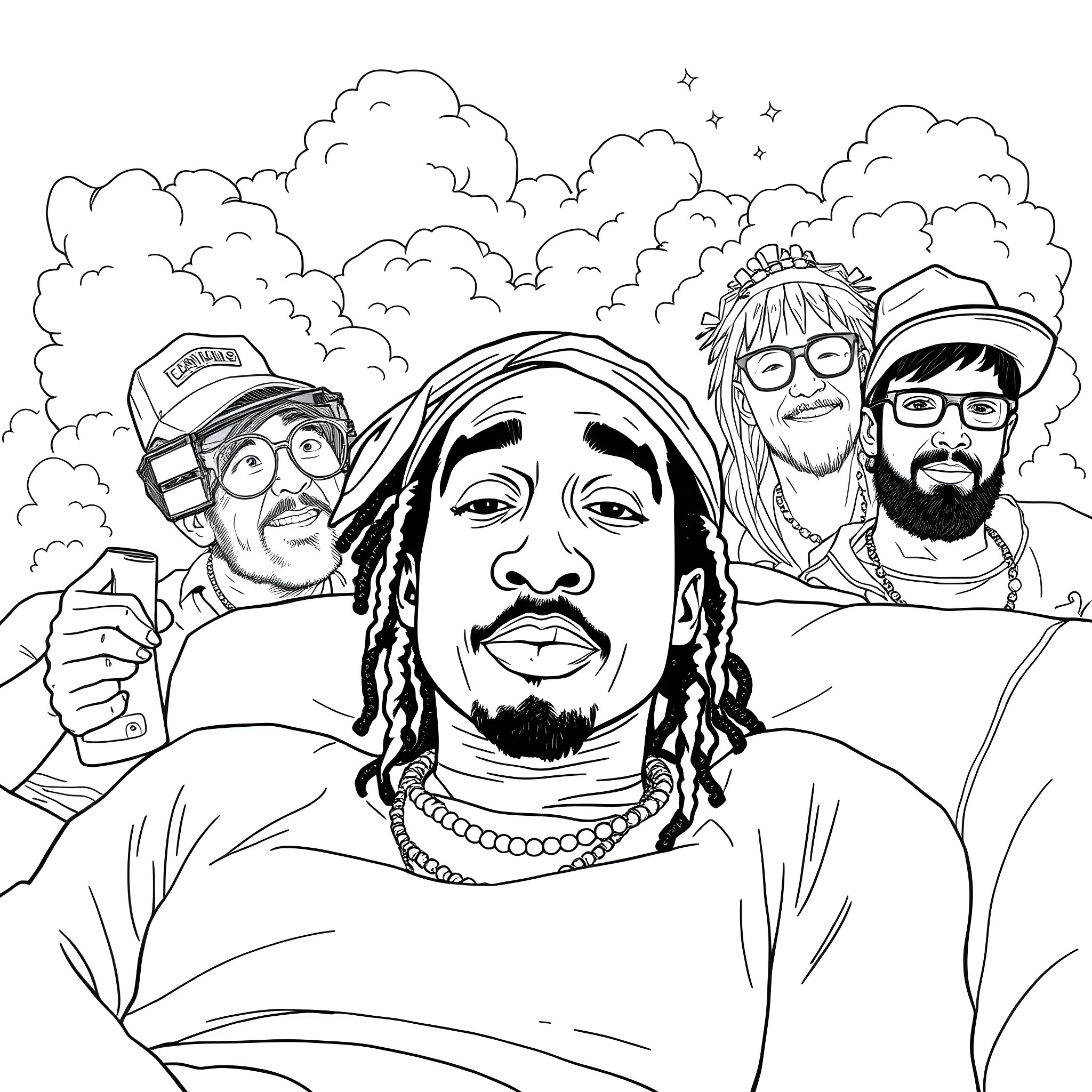 2pac and his crew in a cloudy scene Coloring Page (free black-and-white line drawing printable PDF for all, from beginners to advanced learners, including children, teens, adults, and seniors)