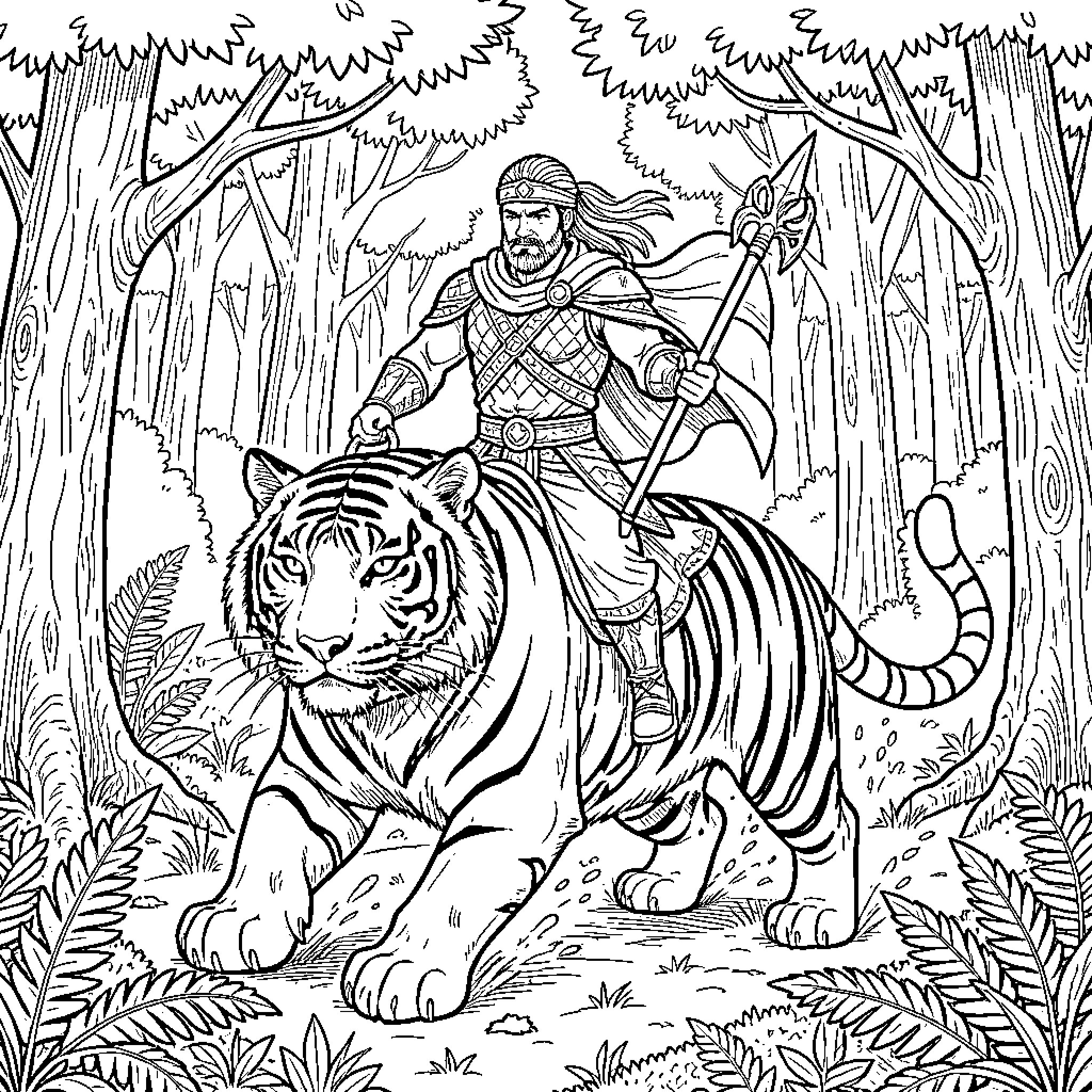 Warrior riding a tiger through a dense forest Coloring Page (free black-and-white line drawing printable PDF for all, from beginners to advanced learners, including children, teens, adults, and seniors)