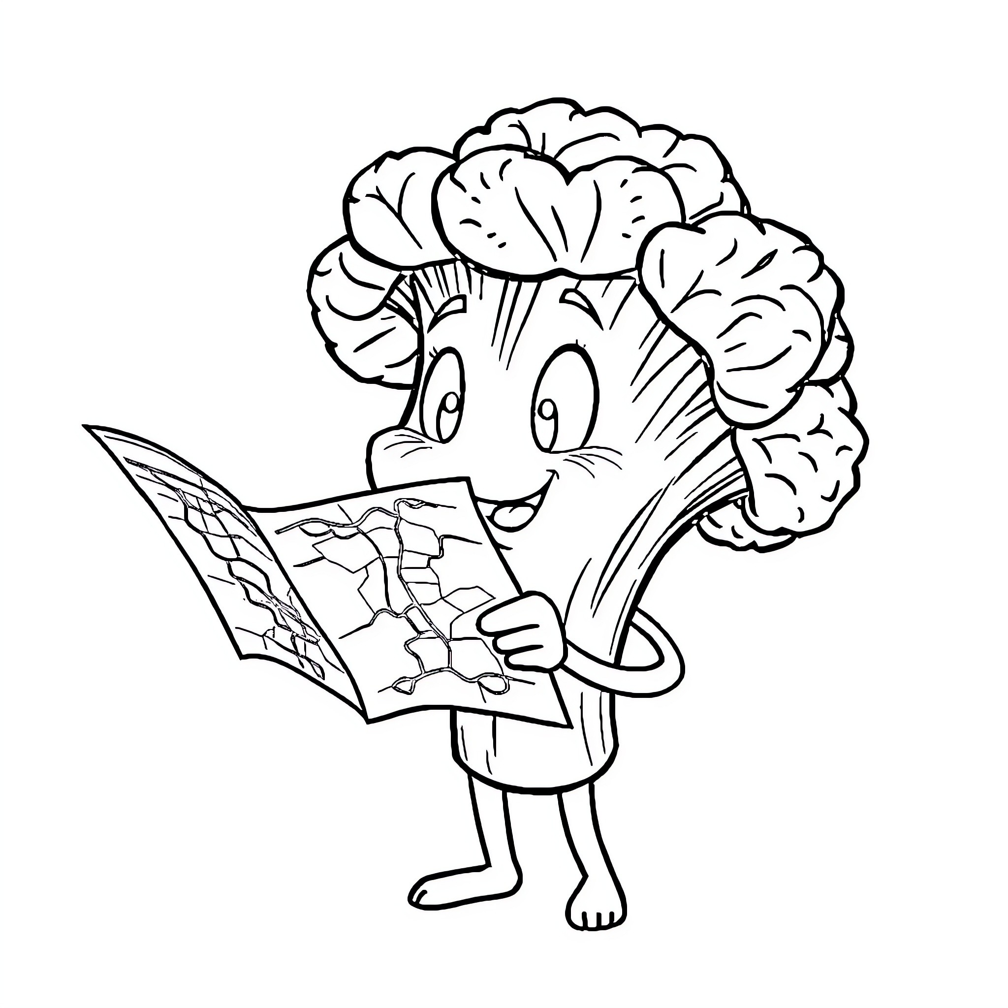 Broccoli reading a book cheerfully Coloring Page (free black-and-white line drawing printable PDF for all, from beginners to advanced learners, including children, teens, adults, and seniors)