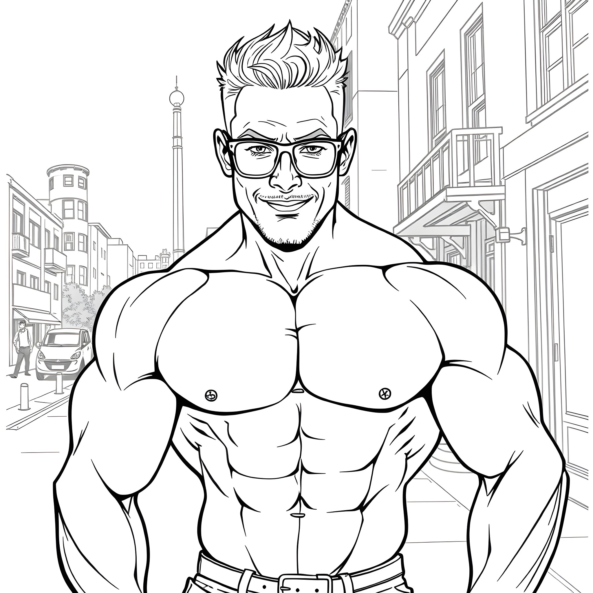 Macho Man with Muscular Physique in Urban Setting Coloring Page (free black-and-white line drawing printable PDF for all, from beginners to advanced learners, including children, teens, adults, and seniors)