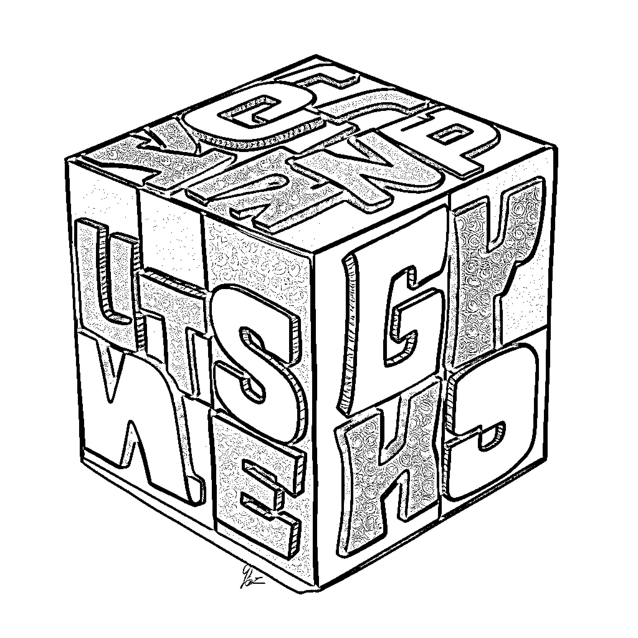 Cube with Artistic Lettering and Symbols Coloring Page (free black-and-white line drawing printable PDF for all, from beginners to advanced learners, including children, teens, adults, and seniors)