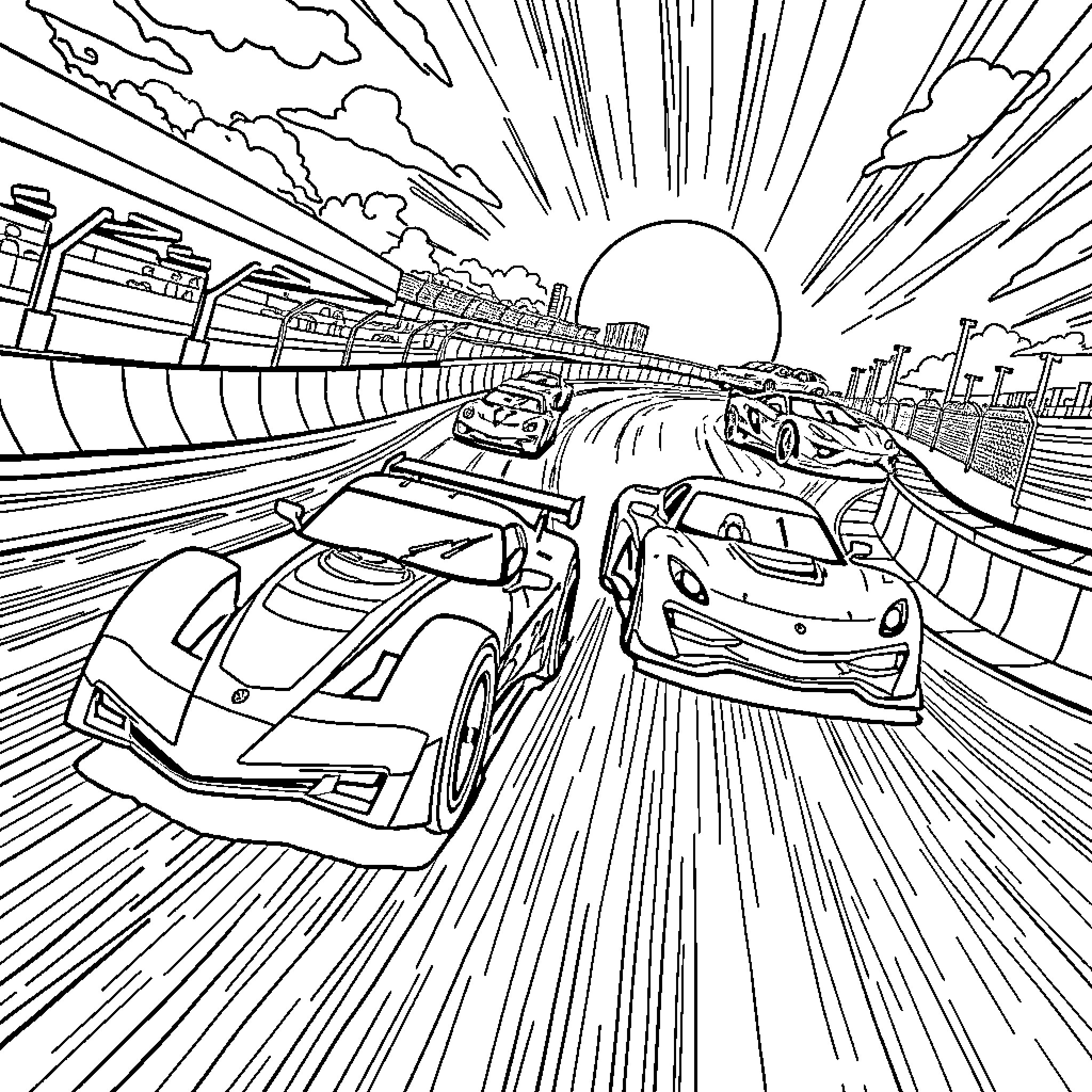 Hot Wheels Racing Cars Speeding Through City Landscape Coloring Page (free black-and-white line drawing printable PDF for all, from beginners to advanced learners, including children, teens, adults, and seniors)